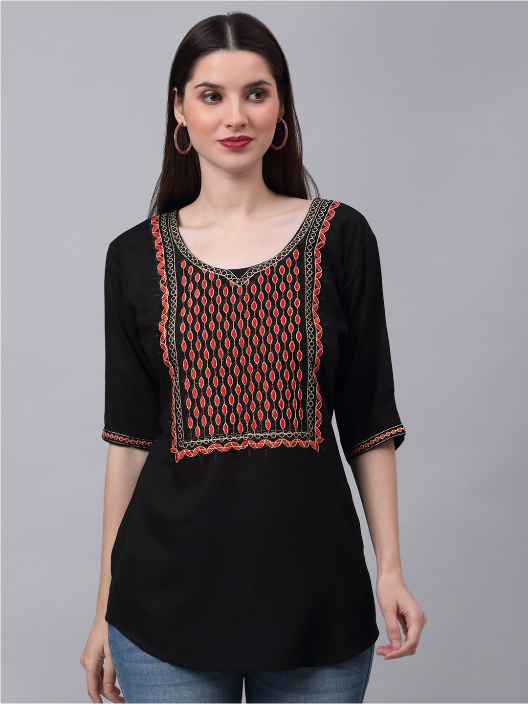 

NEUDIS Ethnic Motifs Embroidered Top, Black