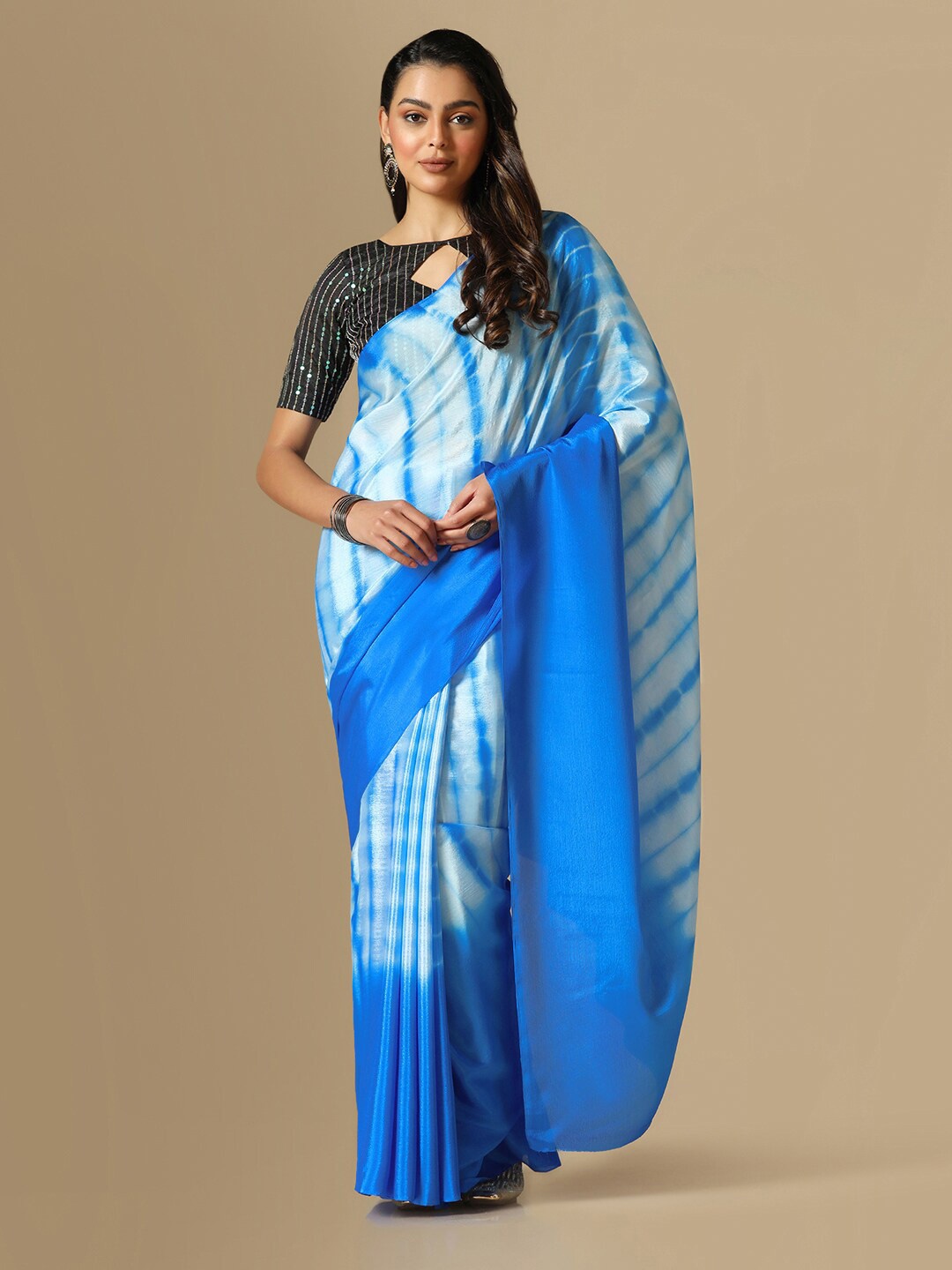 

Satrani Tie and Dyed Saree With Embellished Blouse, White