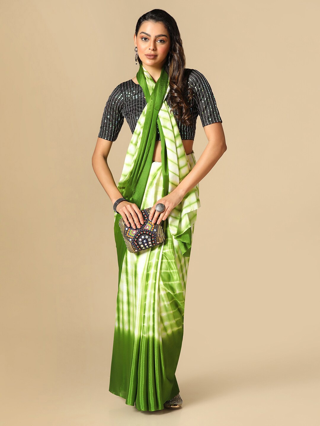 

Satrani Tie and Dyed Saree With Embellished Blouse, Green