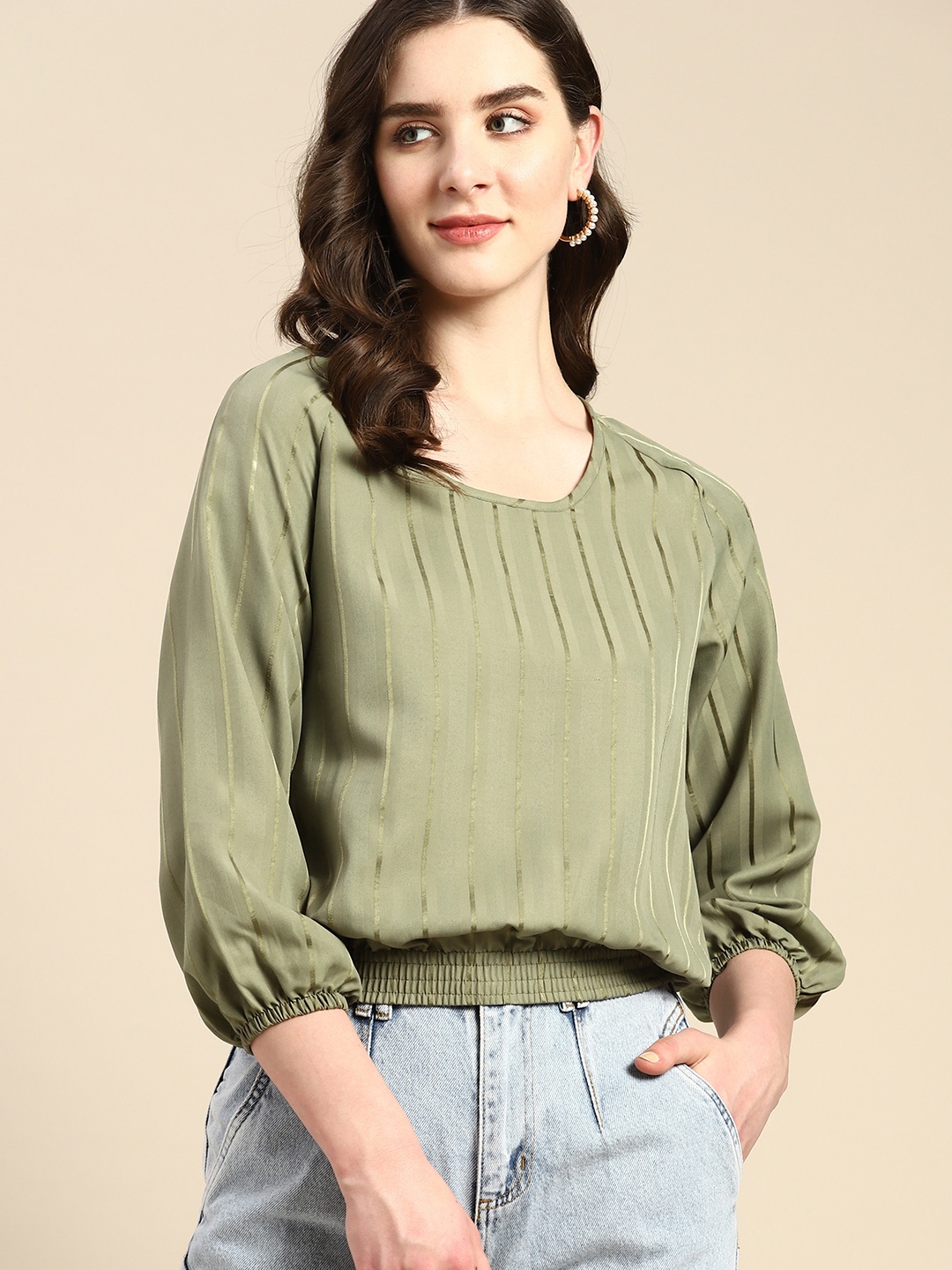 

all about you Striped Puff Sleeves Crepe Top, Olive