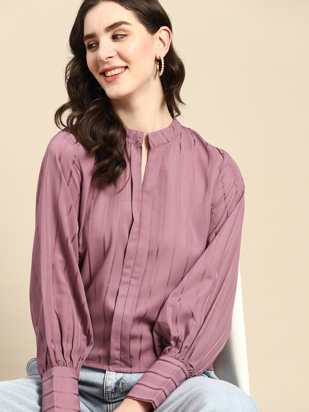 

all about you Striped Mandarin Collar Crepe Shirt Style Top, Purple