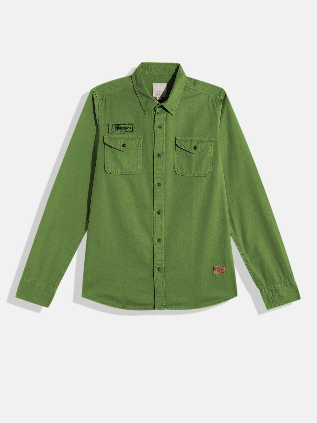 

Roadster Pure Cotton Embroidery Badge Over Dye Casual Shirt, Green