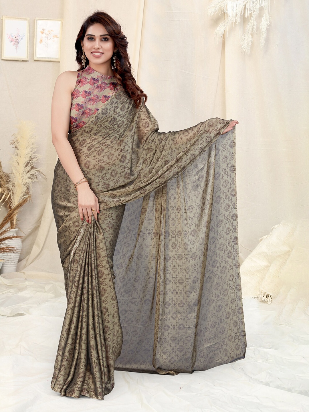 

KALINI Ethnic Motifs Block Print Saree, Beige