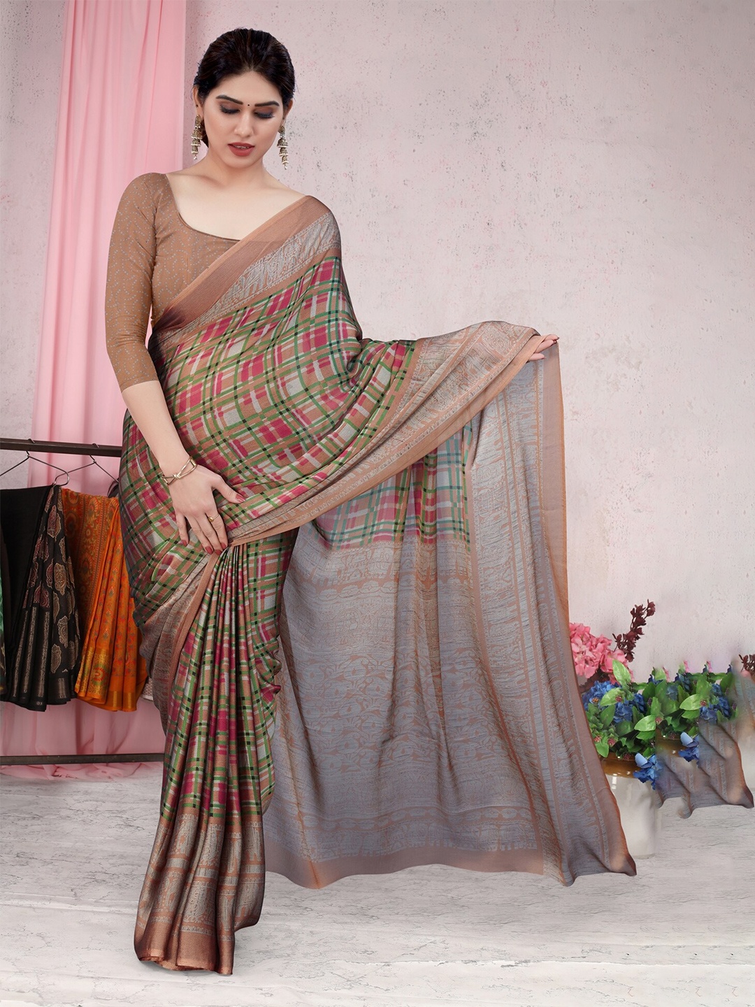 

KALINI Checked Printed Border Saree, Brown