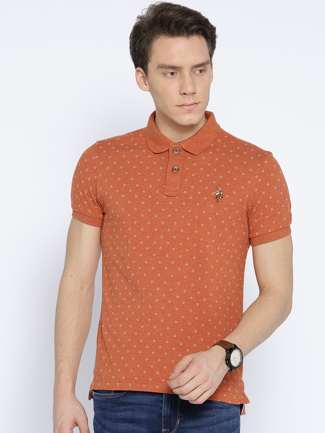 

U.S. Polo Assn. Denim Co. Men Rust Orange Printed Polo Collar T-shirt