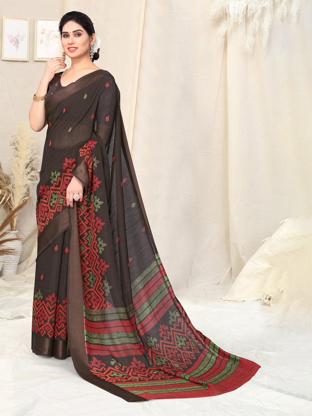 

KALINI Ethnic Motifs Printed Block Print Saree, Brown