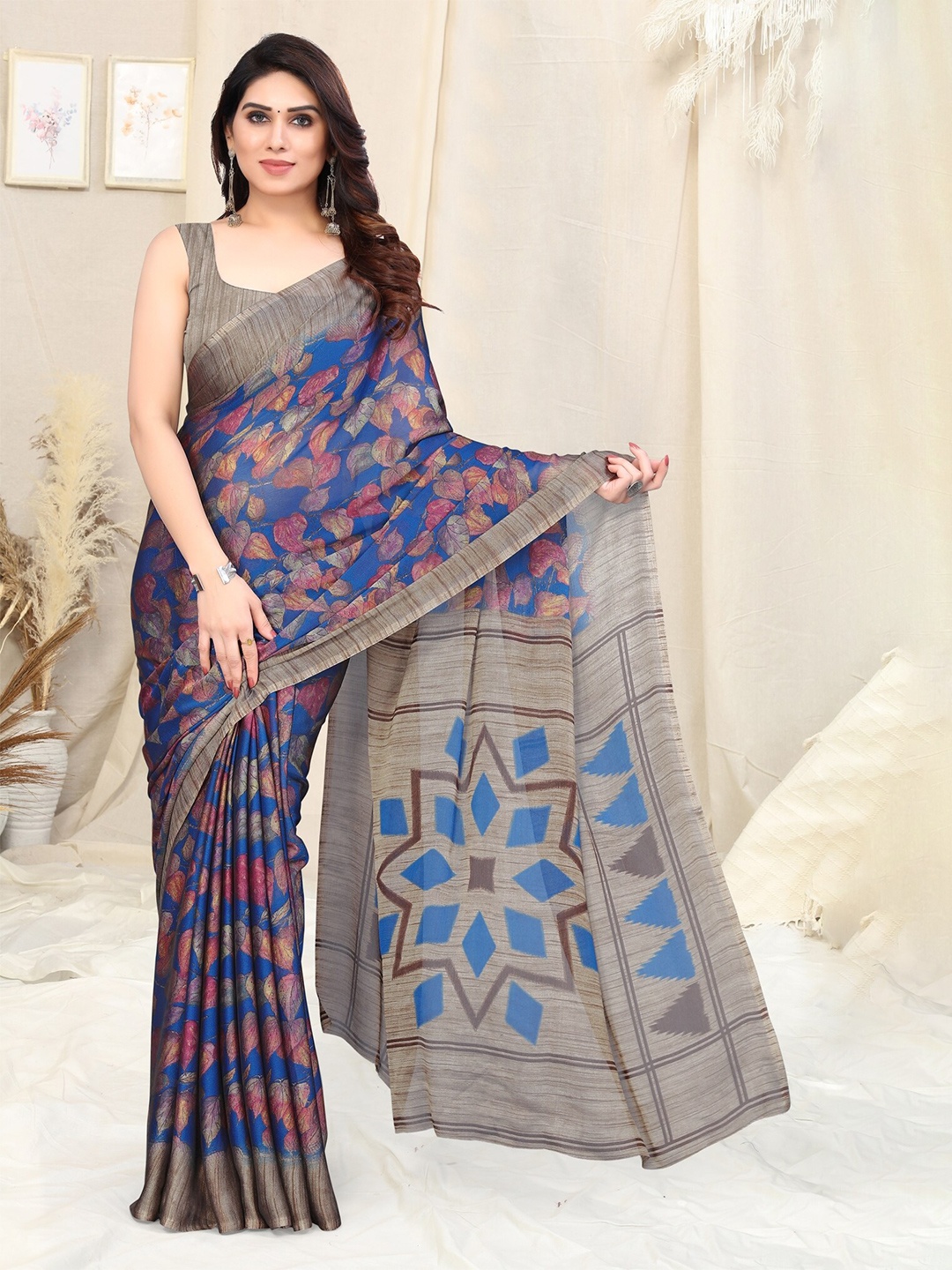 

KALINI Geometric Printed Chiffon Saree, Blue