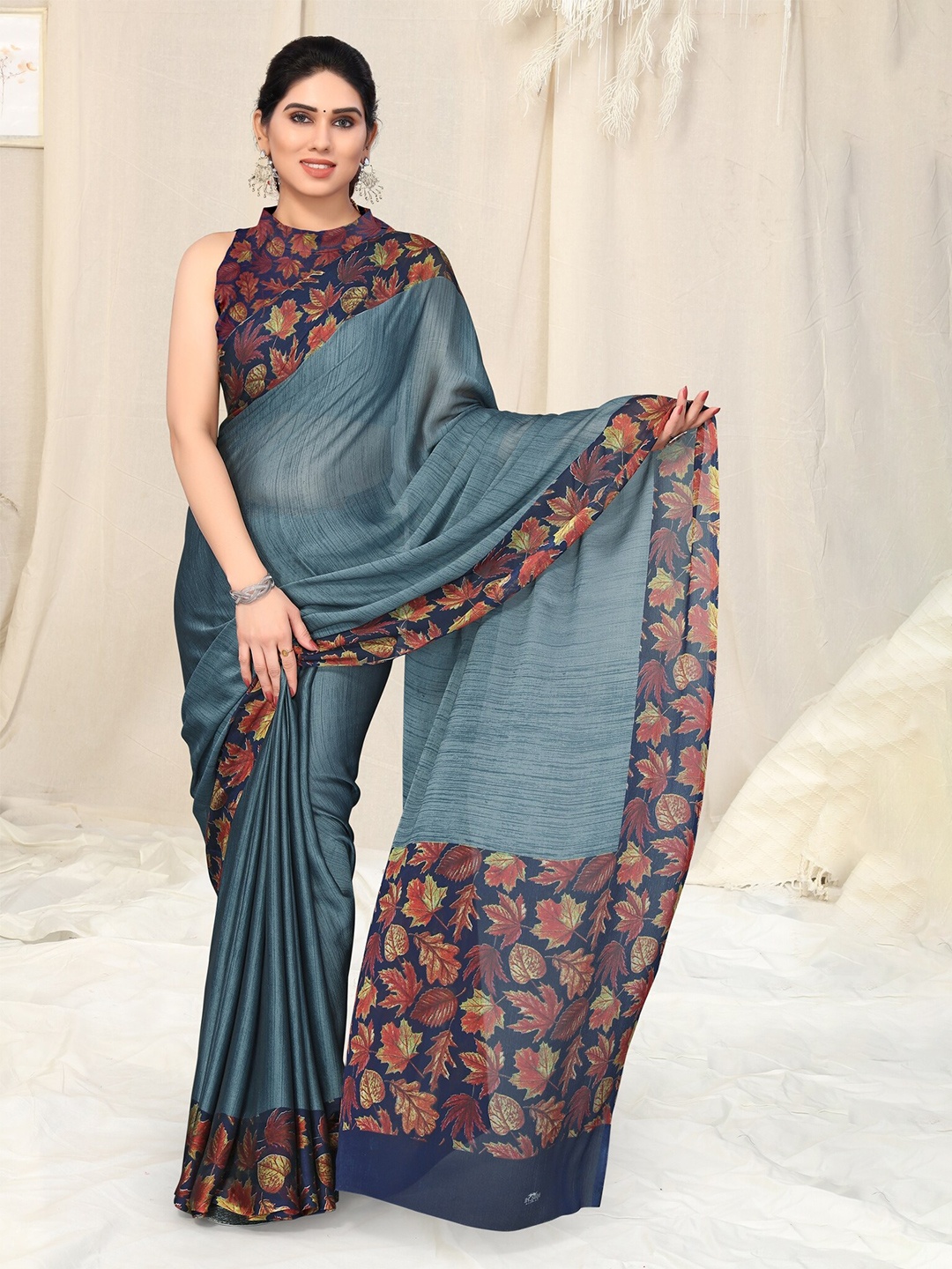 

KALINI Printed Border Poly Chiffon Saree, Grey