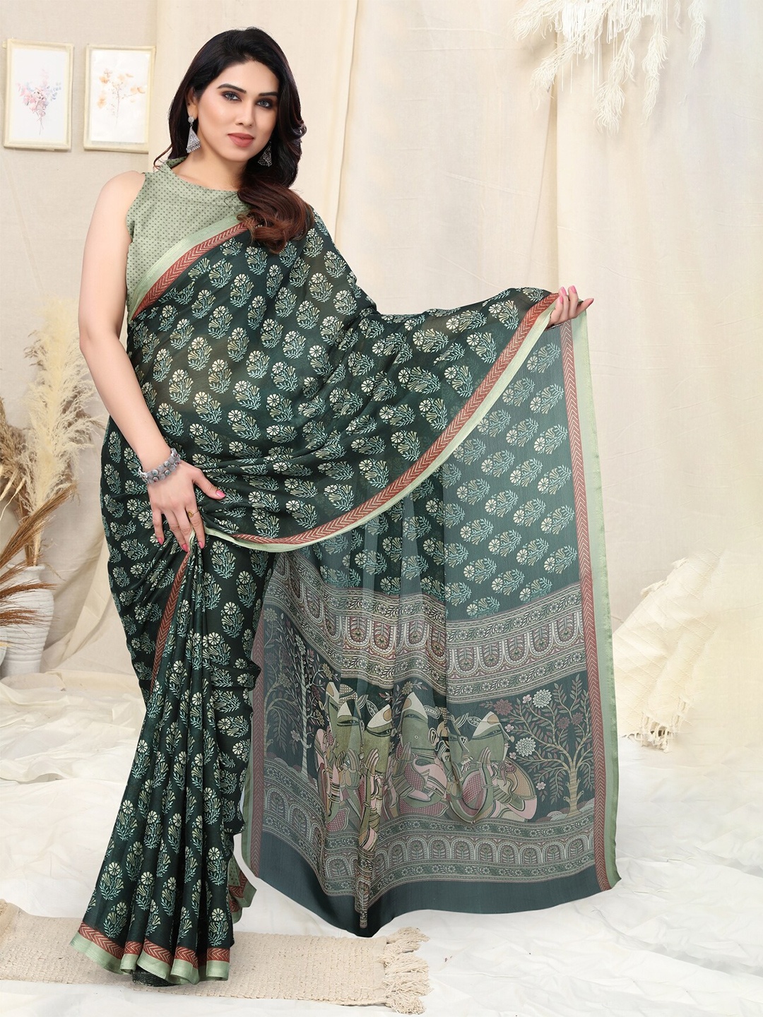 

KALINI Ethnic Motifs Block Printed Saree, Green