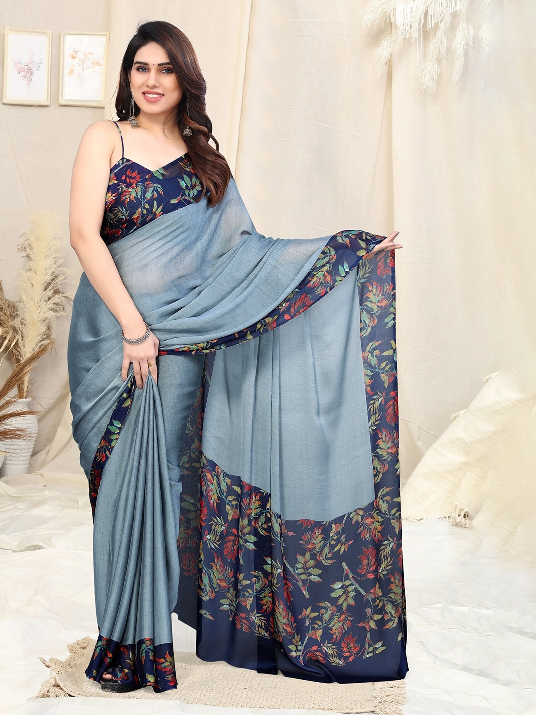 

KALINI Floral Printed Border Saree, Grey