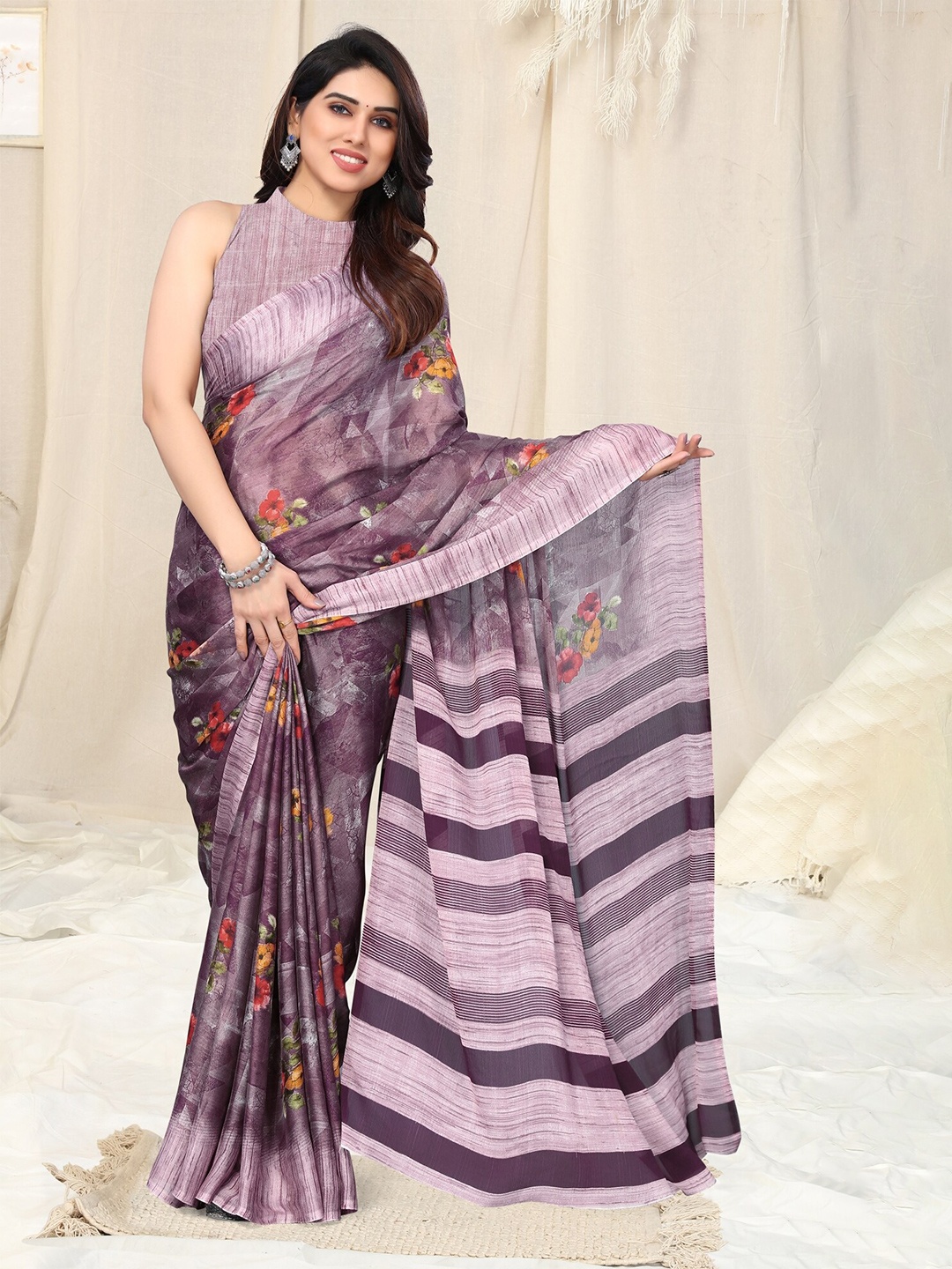

KALINI Floral Printed Chiffon Saree, Purple