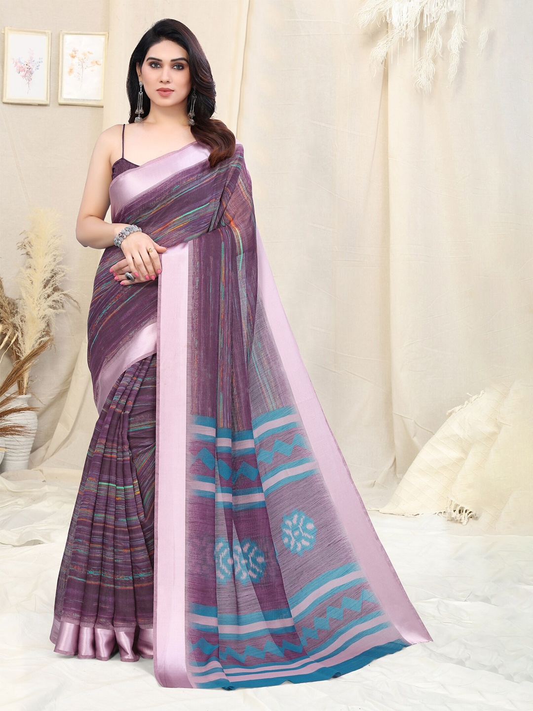 

KALINI Striped Printed Cotton Blend Saree, Purple