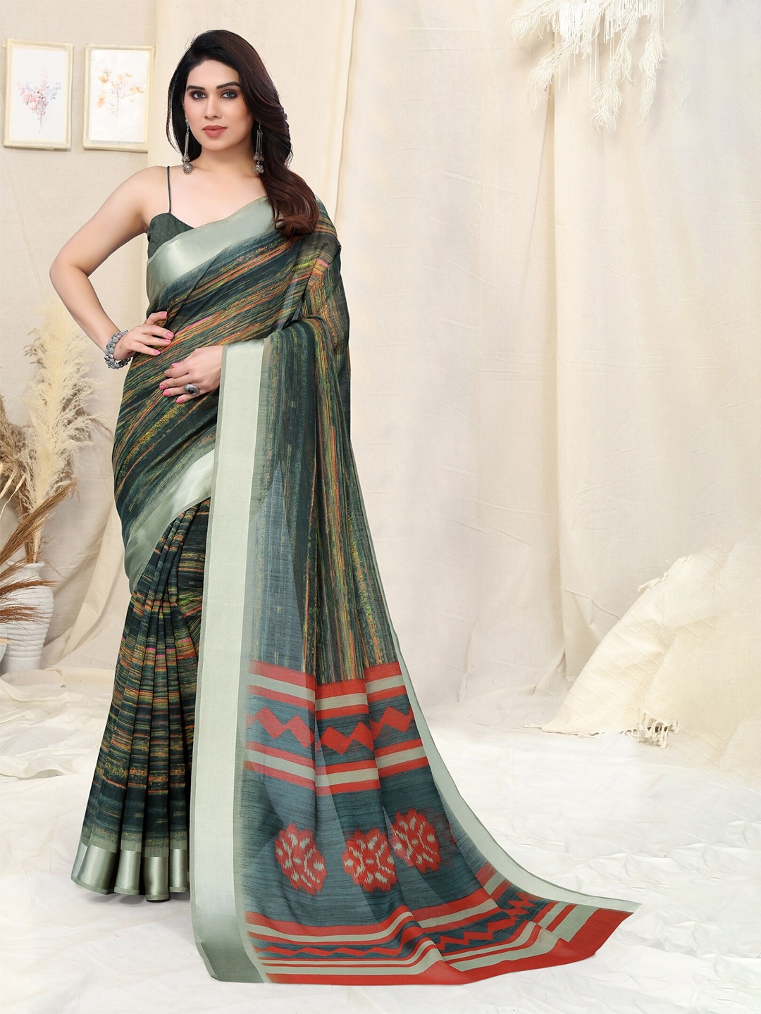 

KALINI Striped Printed Cotton Blend Saree, Green