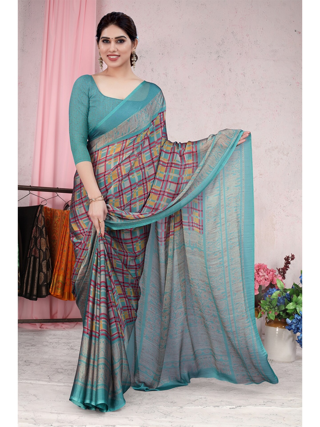 

KALINI Checked Saree, Turquoise blue