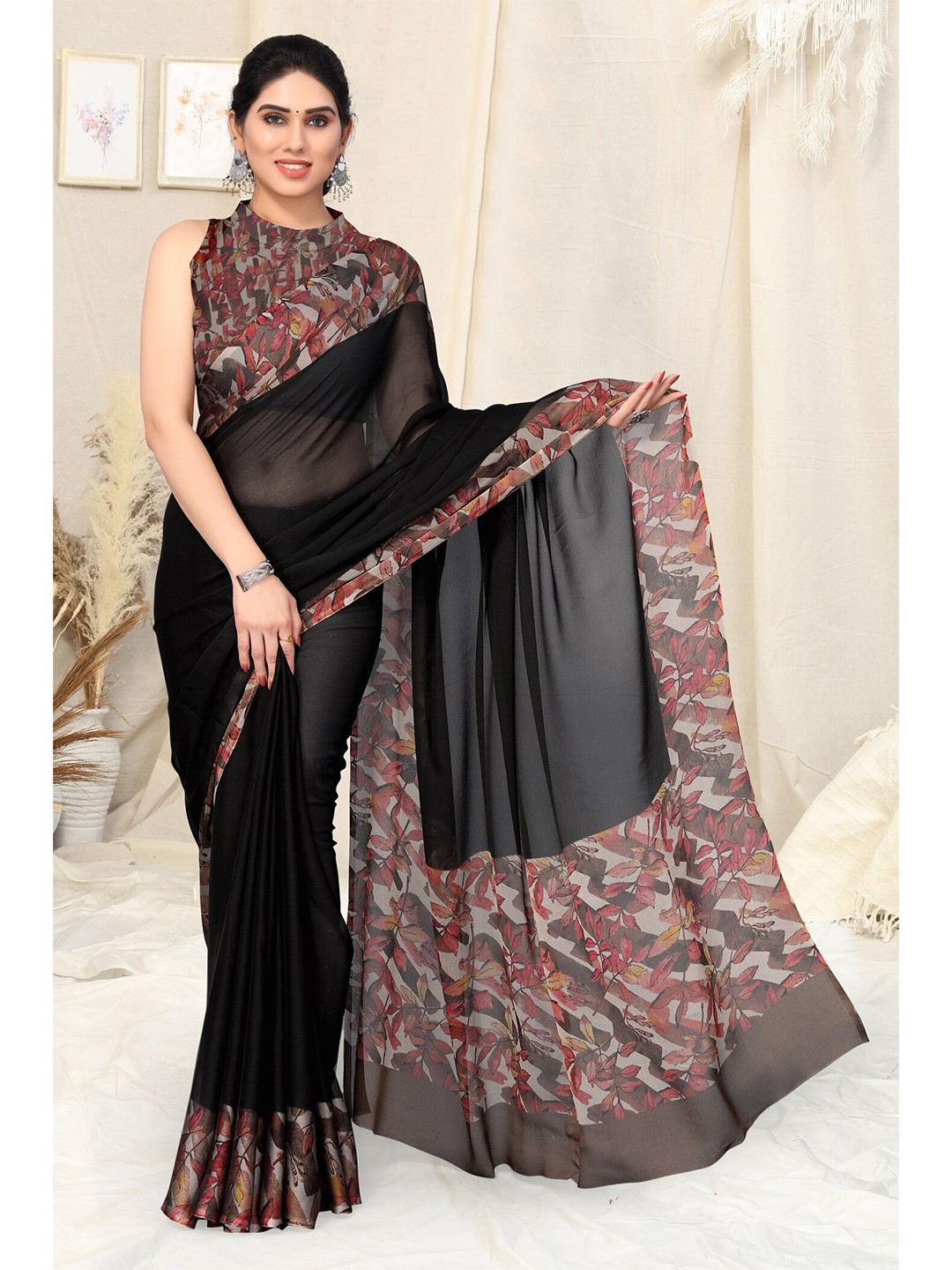 

KALINI Printed Border Chiffon Saree, Black