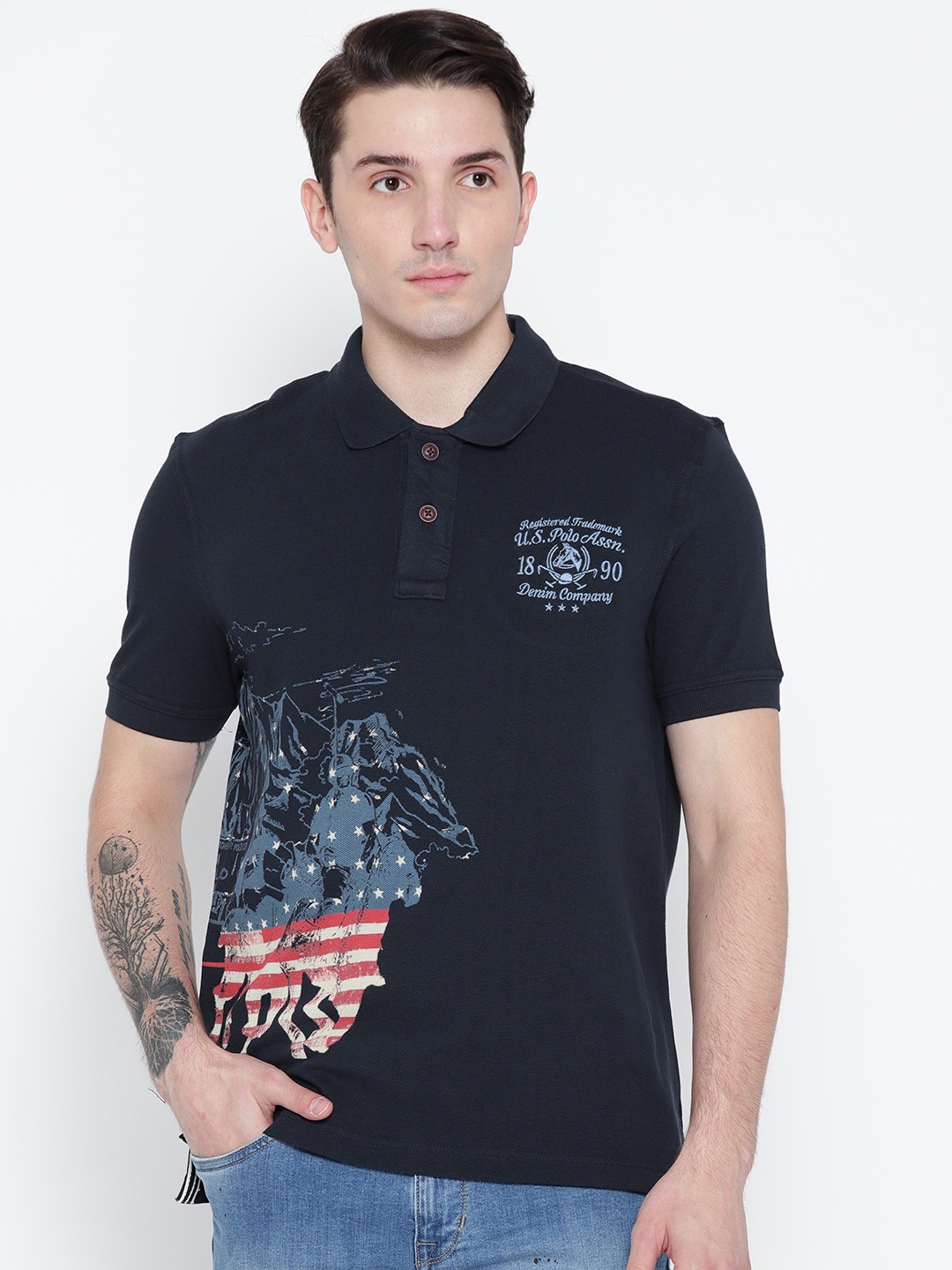 

U.S. Polo Assn. Denim Co. Men Navy Blue Printed Polo Collar T-shirt