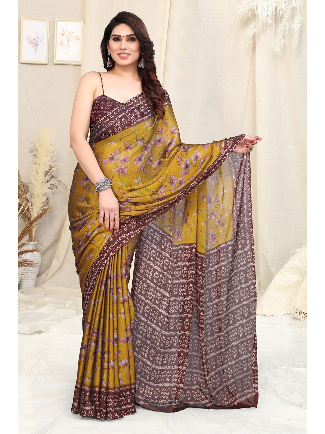 

KALINI Floral Printed Saree, Mustard