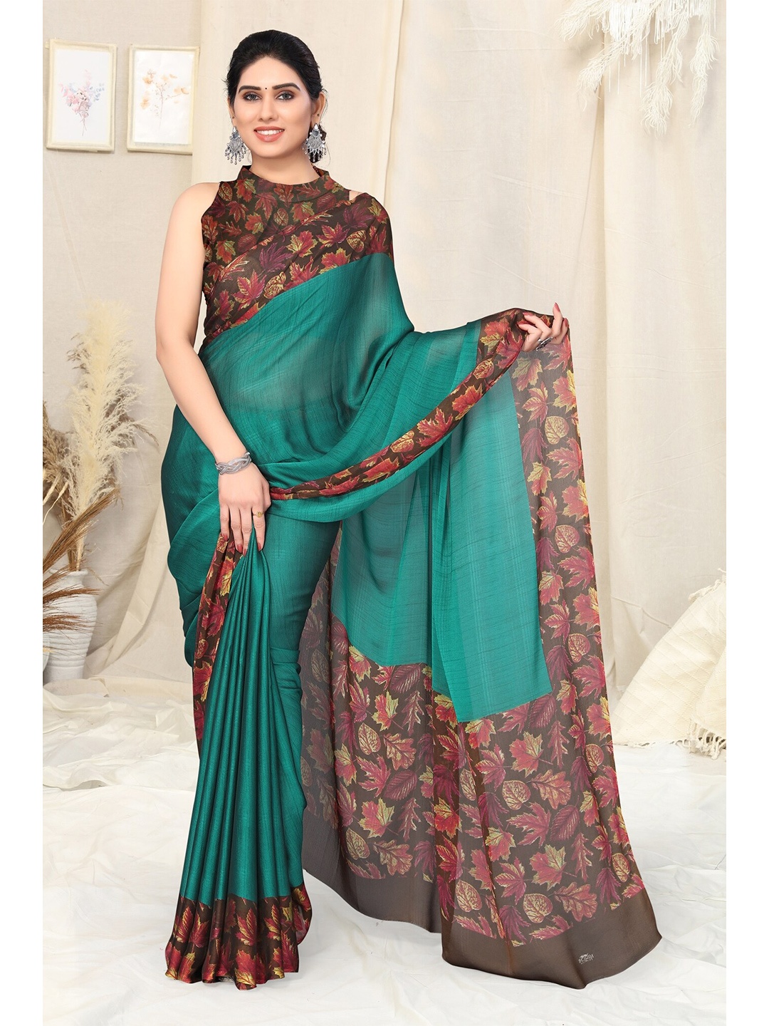 

KALINI Printed Bordered Saree, Teal