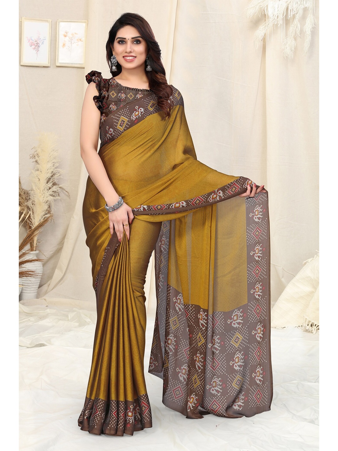 

KALINI Printed Border Saree, Mustard