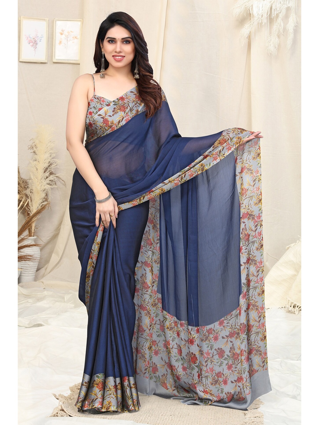 

KALINI Printed Bordered Saree, Navy blue