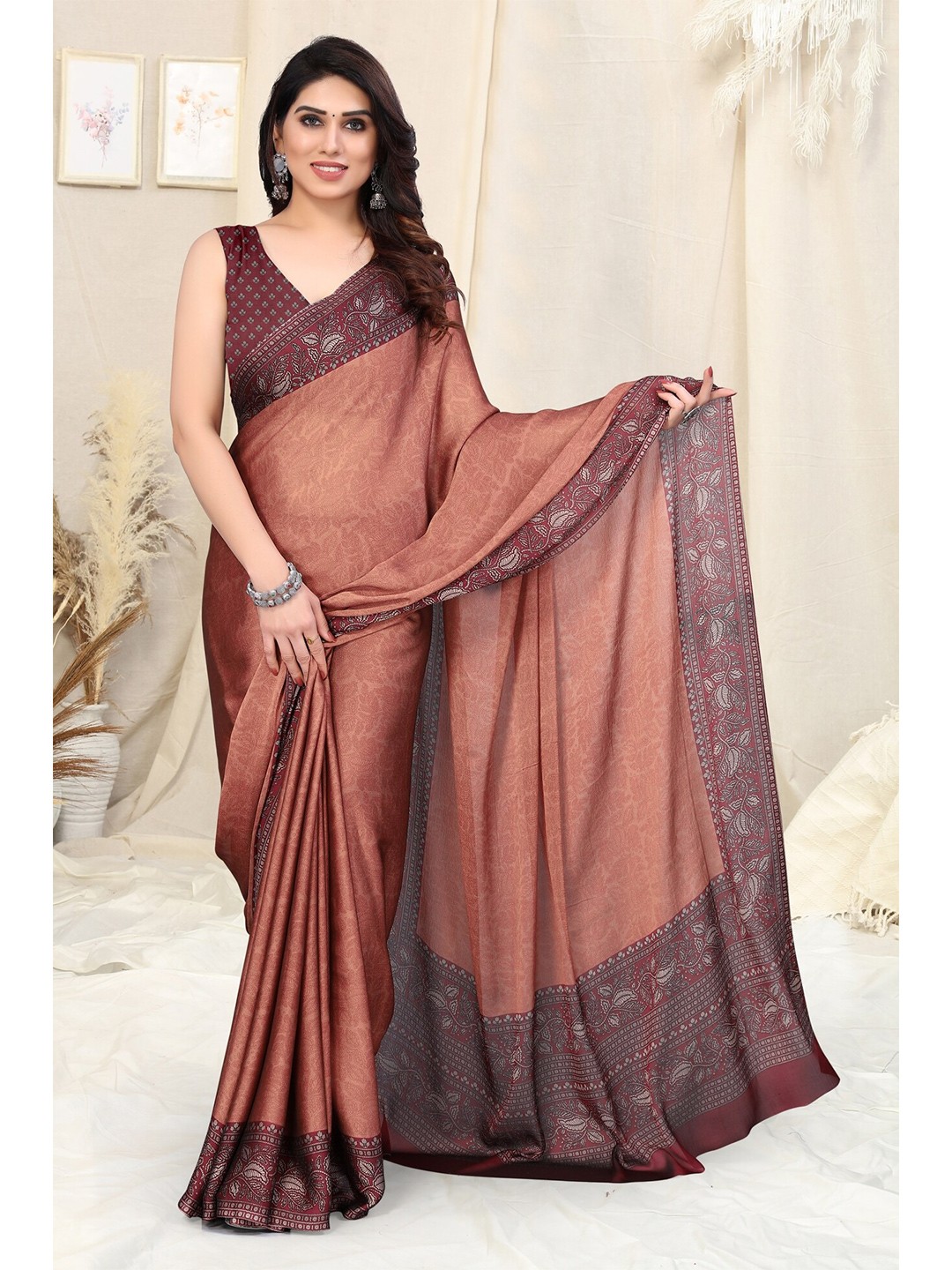 

KALINI Floral Printed Saree, Rust