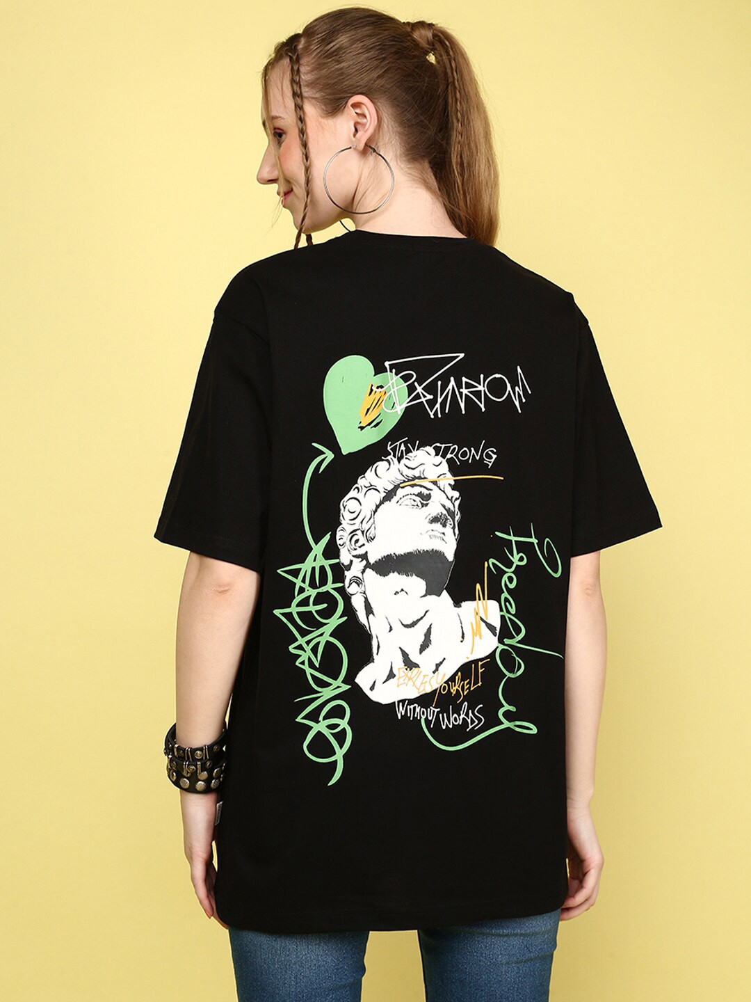 

JUNEBERRY Short Sleeves Graphic Printed Loose Cotton T-shirt, Black