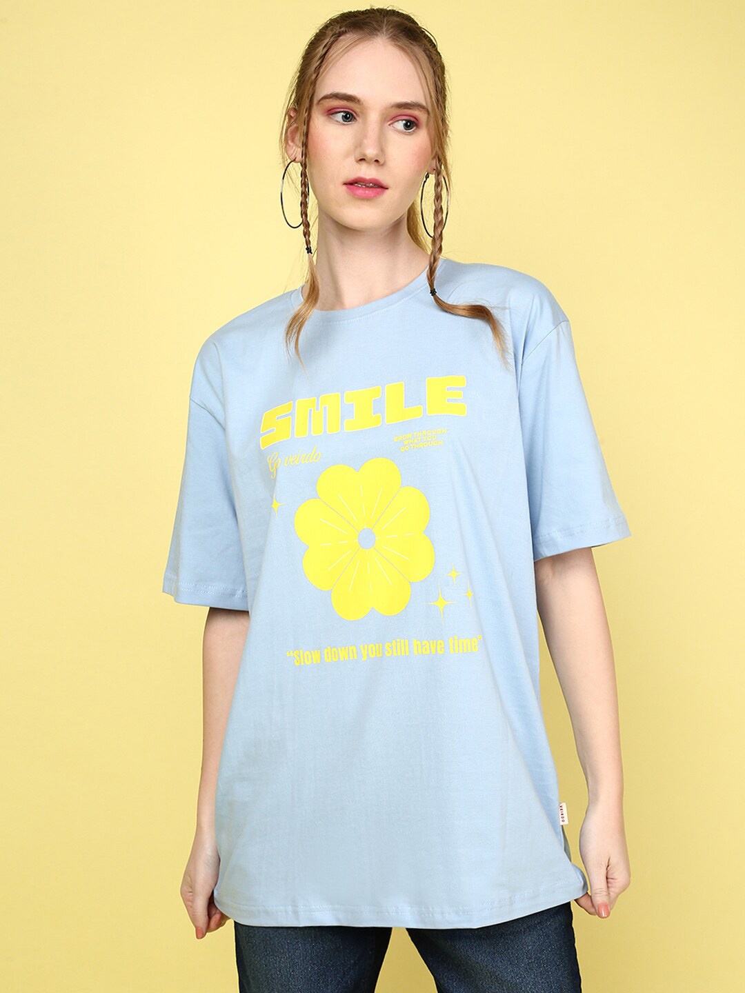 

JUNEBERRY Graphic Printed Oversize Cotton T-shirt, Turquoise blue