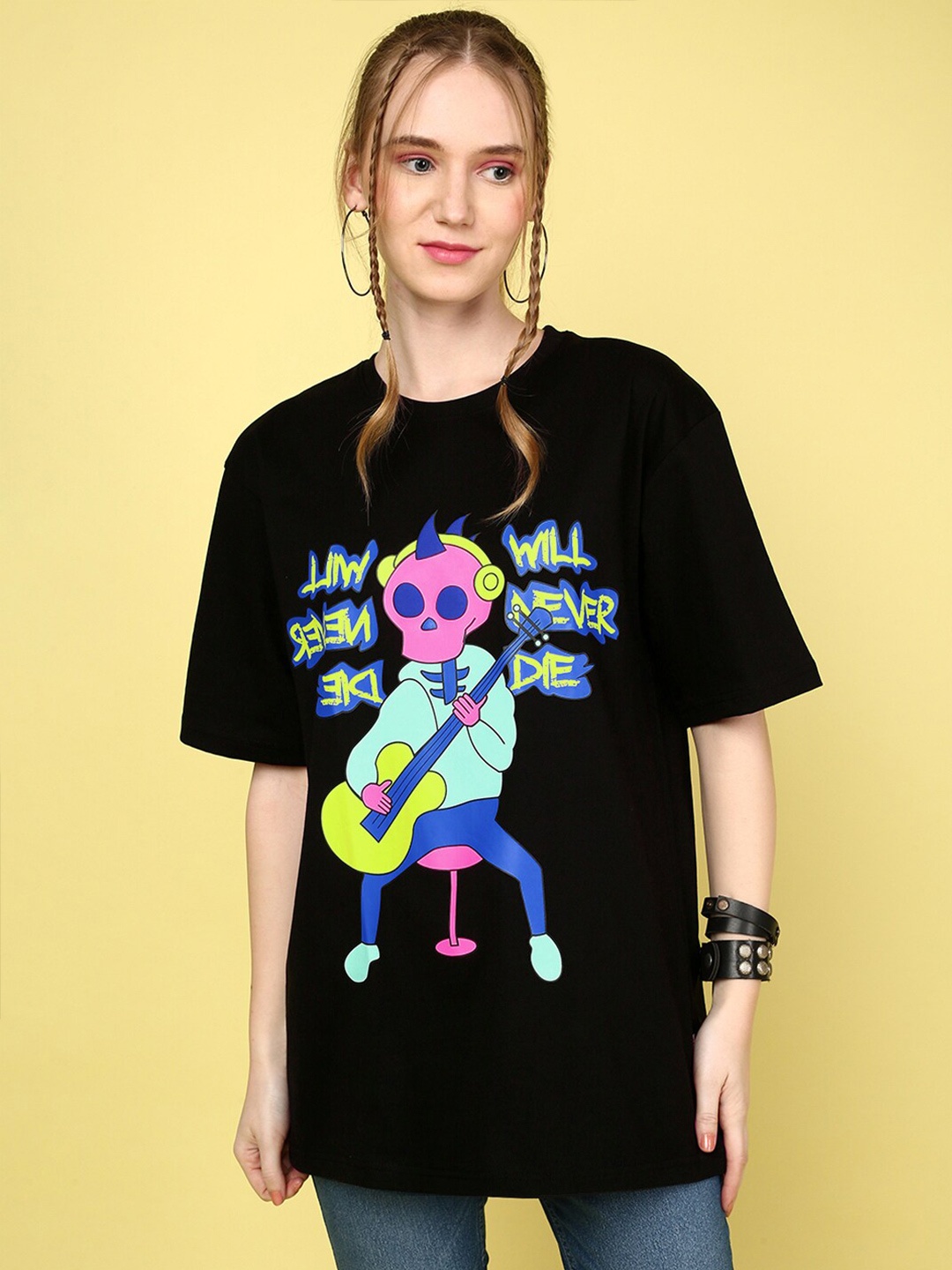 

JUNEBERRY Graphic Printed Oversized Cotton T-shirt, Black
