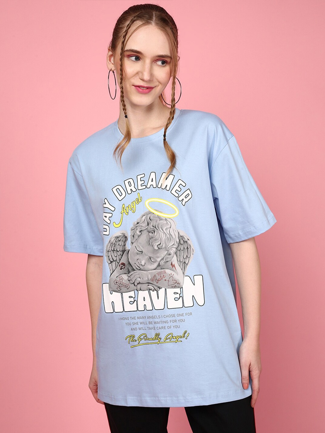 

JUNEBERRY Graphic Printed Oversized Cotton T-shirt, Blue