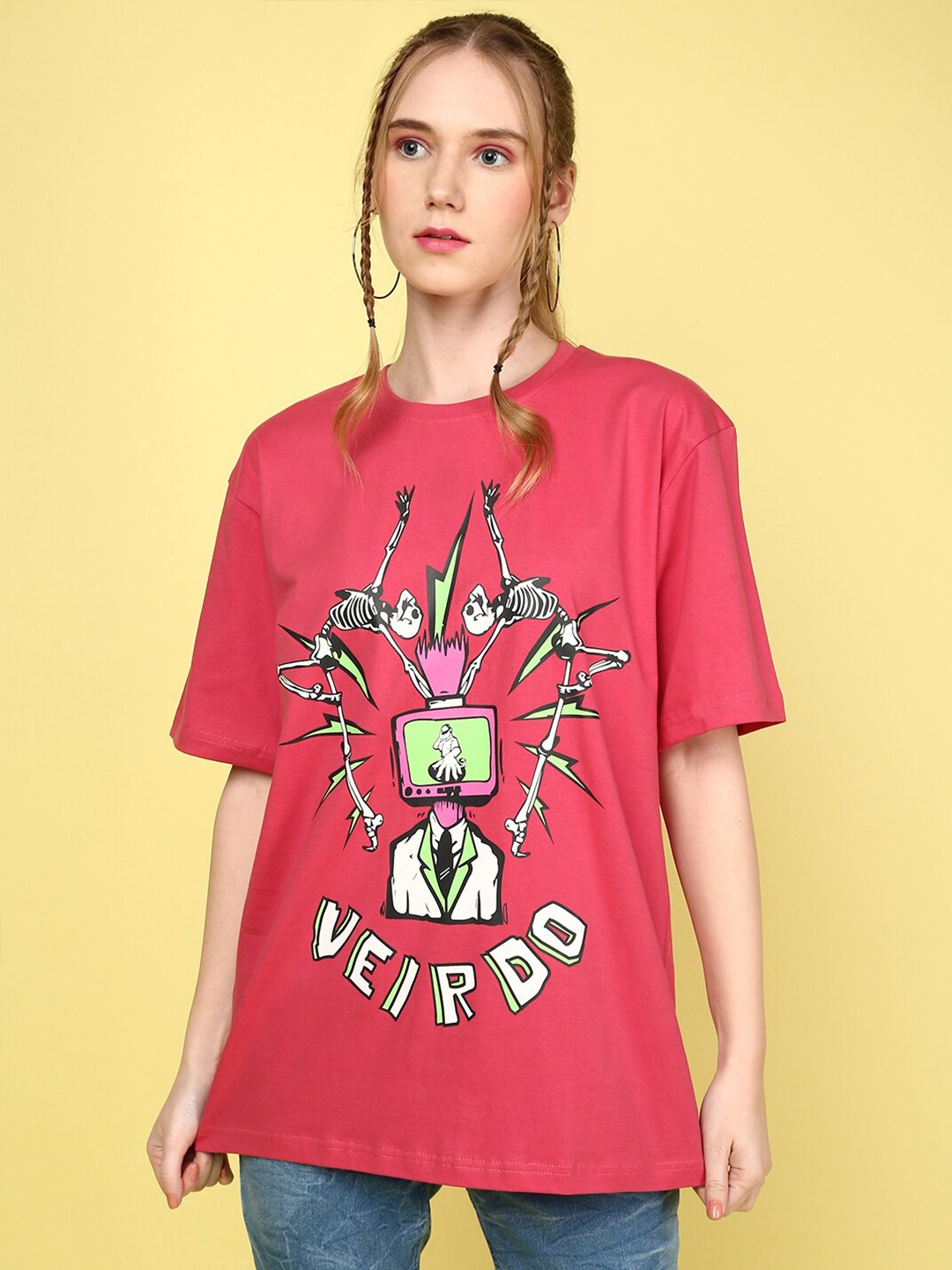 

JUNEBERRY Round Neck Graphic Printed Drop-Shoulder Sleeves Loose Cotton T-shirt, Magenta