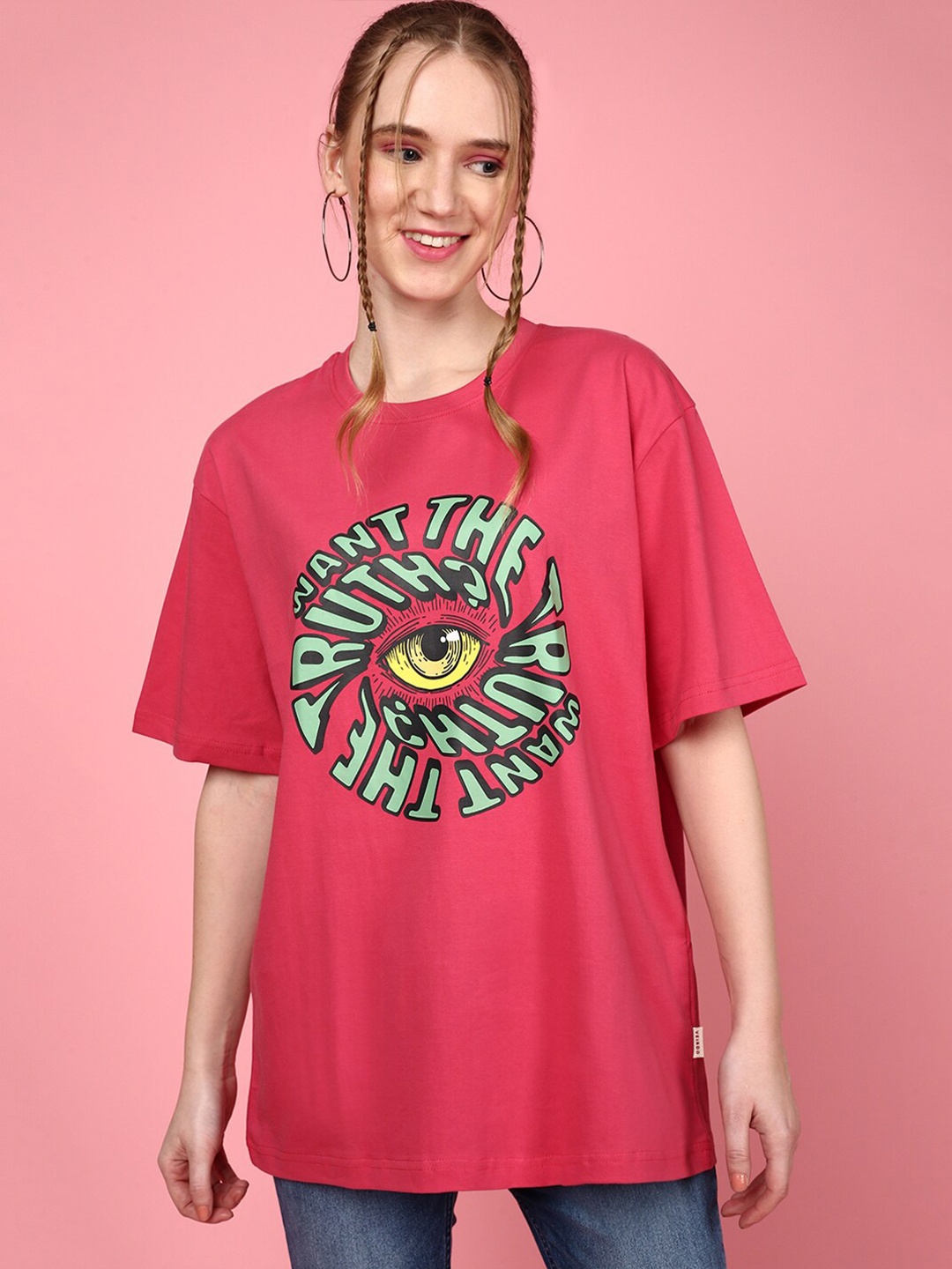 

JUNEBERRY Round Neck Graphic Printed Drop-Shoulder Sleeves Oversize Cotton T-shirt, Magenta