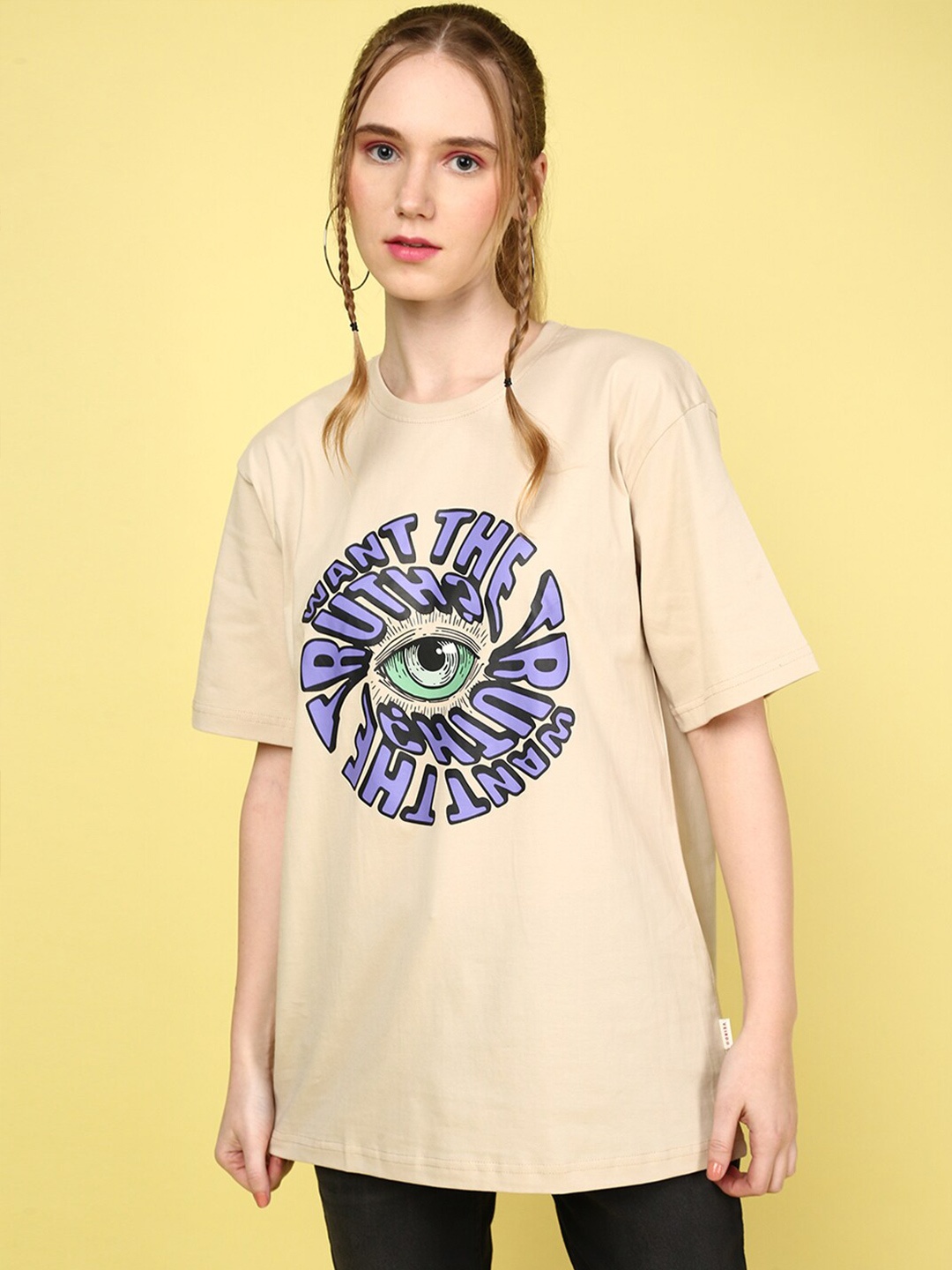 

JUNEBERRY Round Neck Graphic Printed Oversize Cotton T-shirt, Beige