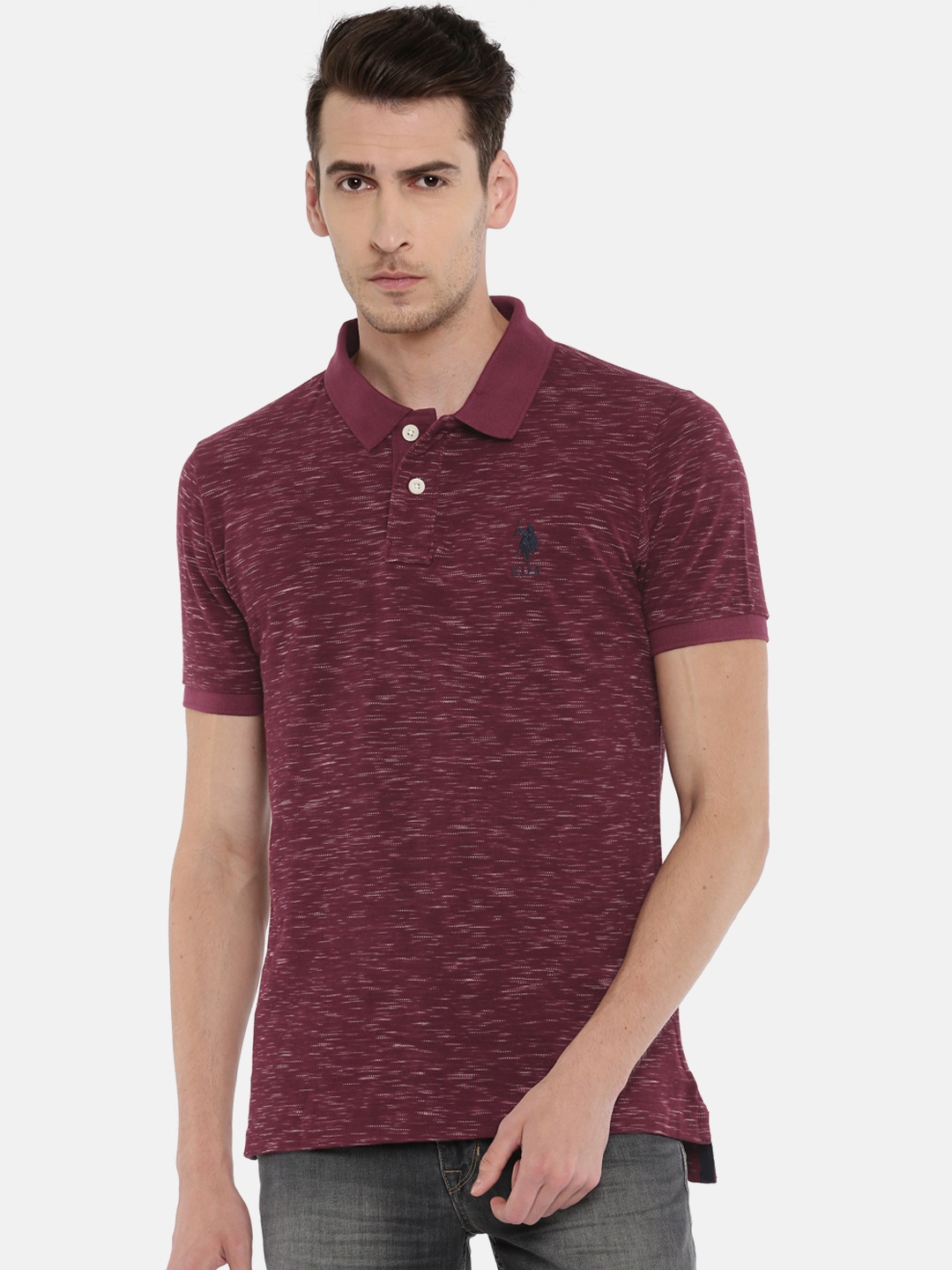 

U.S. Polo Assn. Men Maroon Self Design Polo Collar Pure Cotton T-shirt