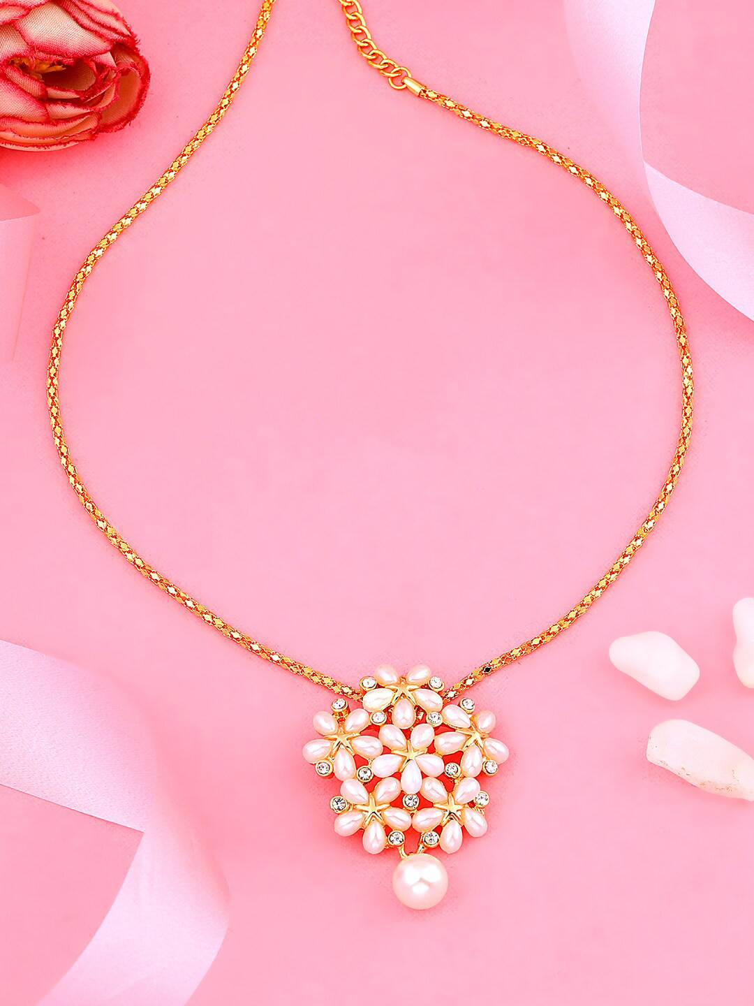 

Estele Gold-Plated Crystals Studded & Beaded Necklace, White