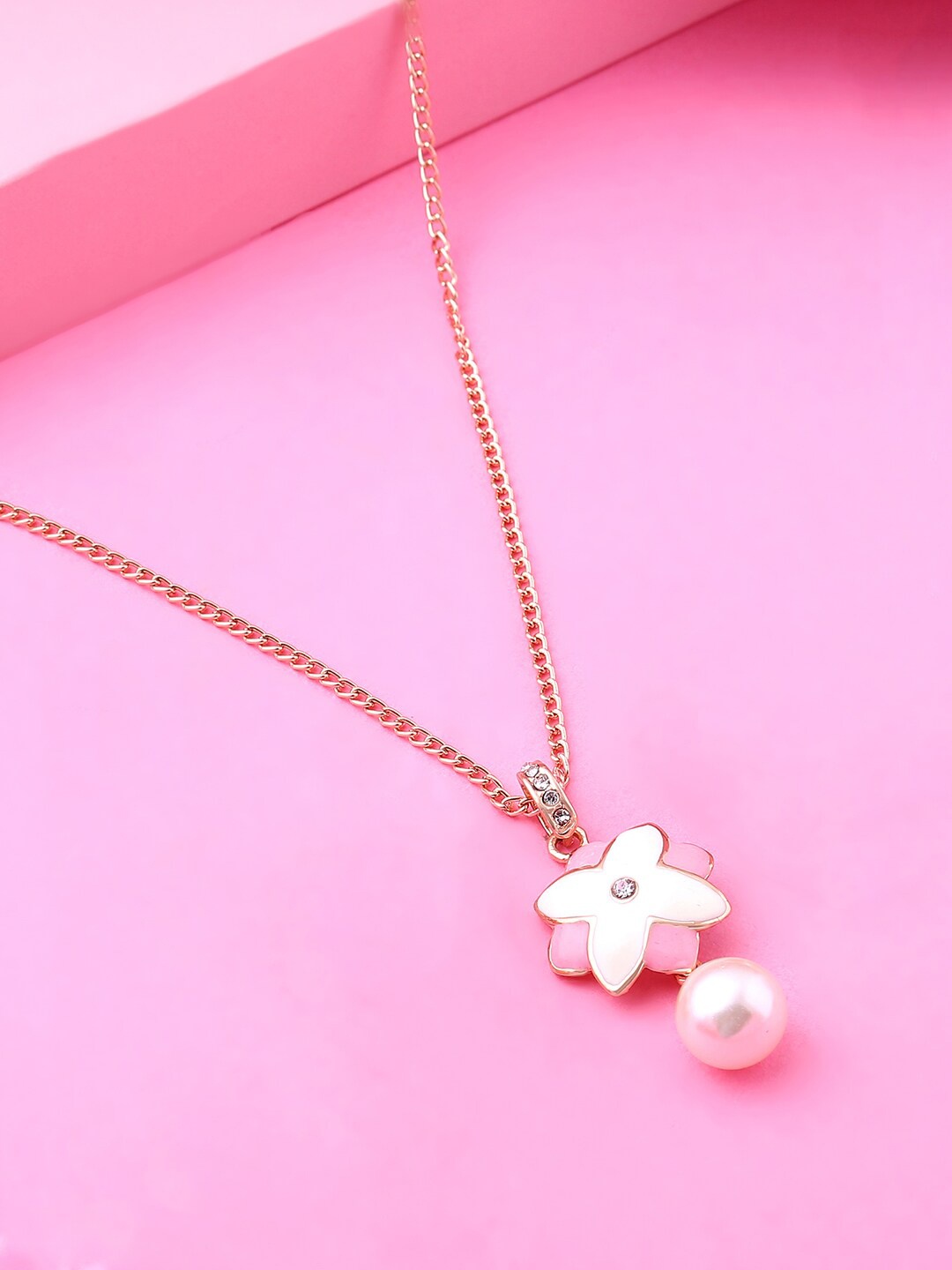 

Estele Rose Gold-Plated Stone Studded & Beaded Pendant Chain, Pink