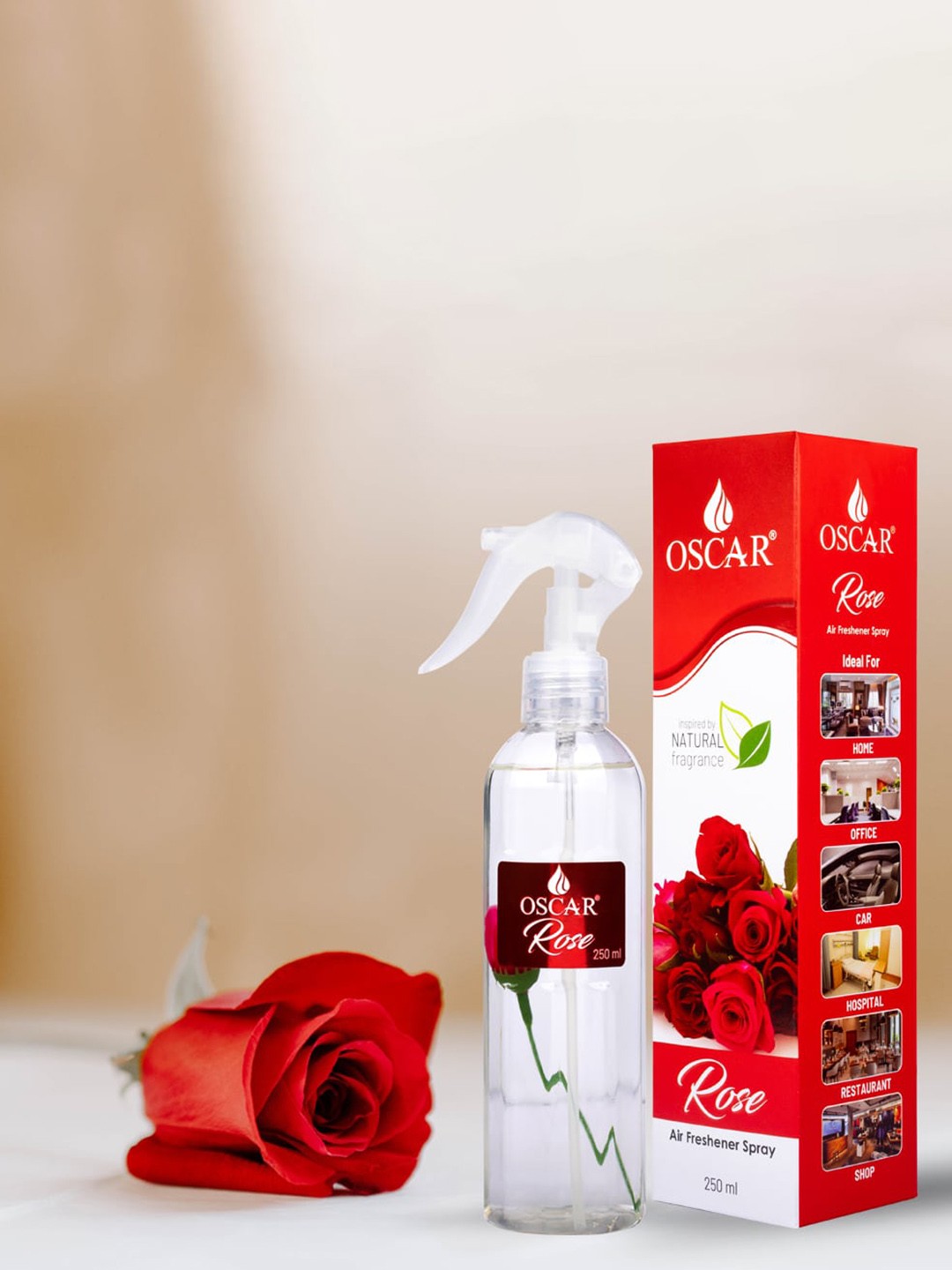 

OSCAR Natural Rose Air Freshener Spray For Home Bathroom Office & Car - 250ml, White