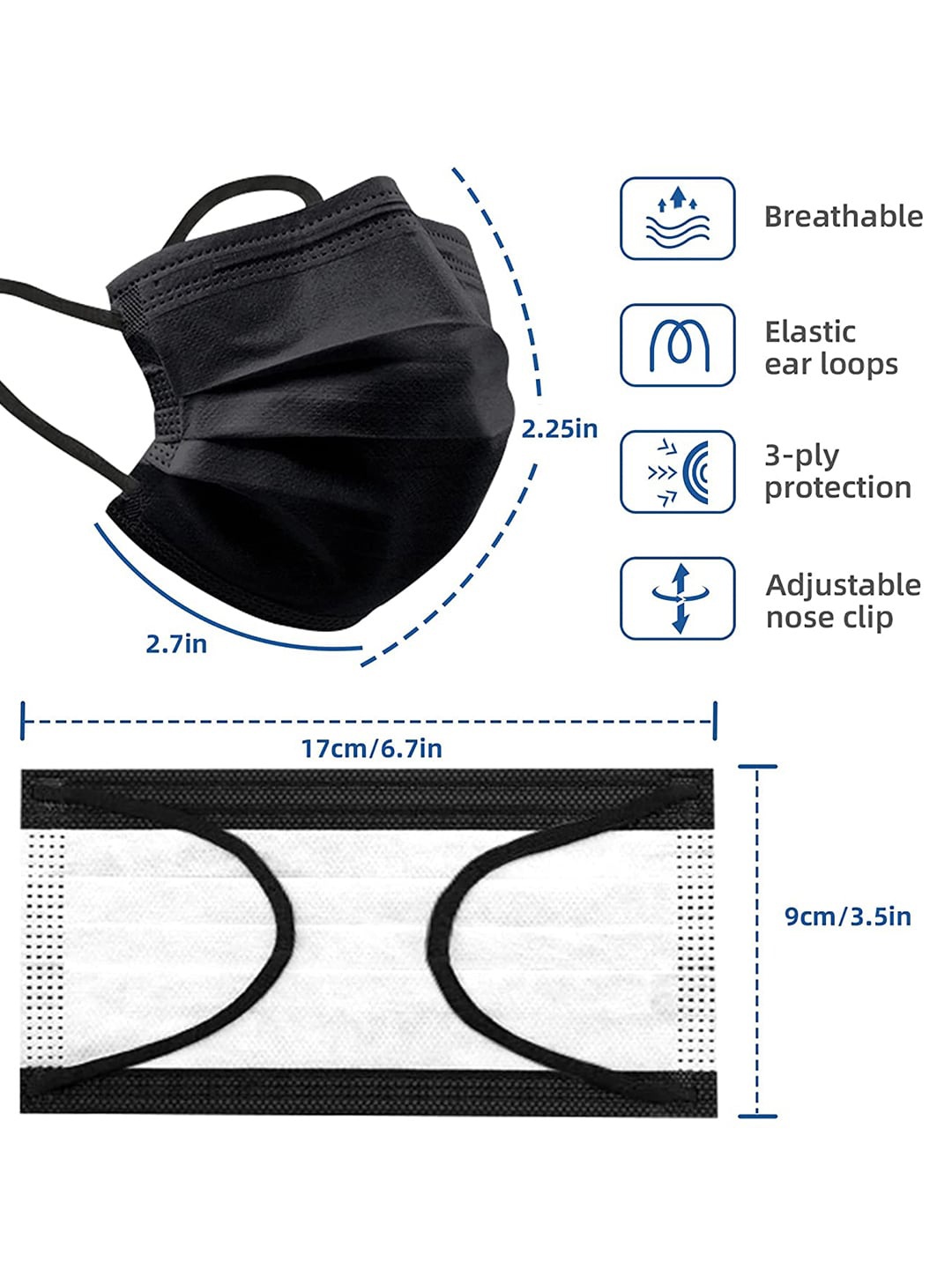 

LONDON FASHION hob Pack Of 100 3-Ply Surgical Face Mask With Nose-Pin, Black