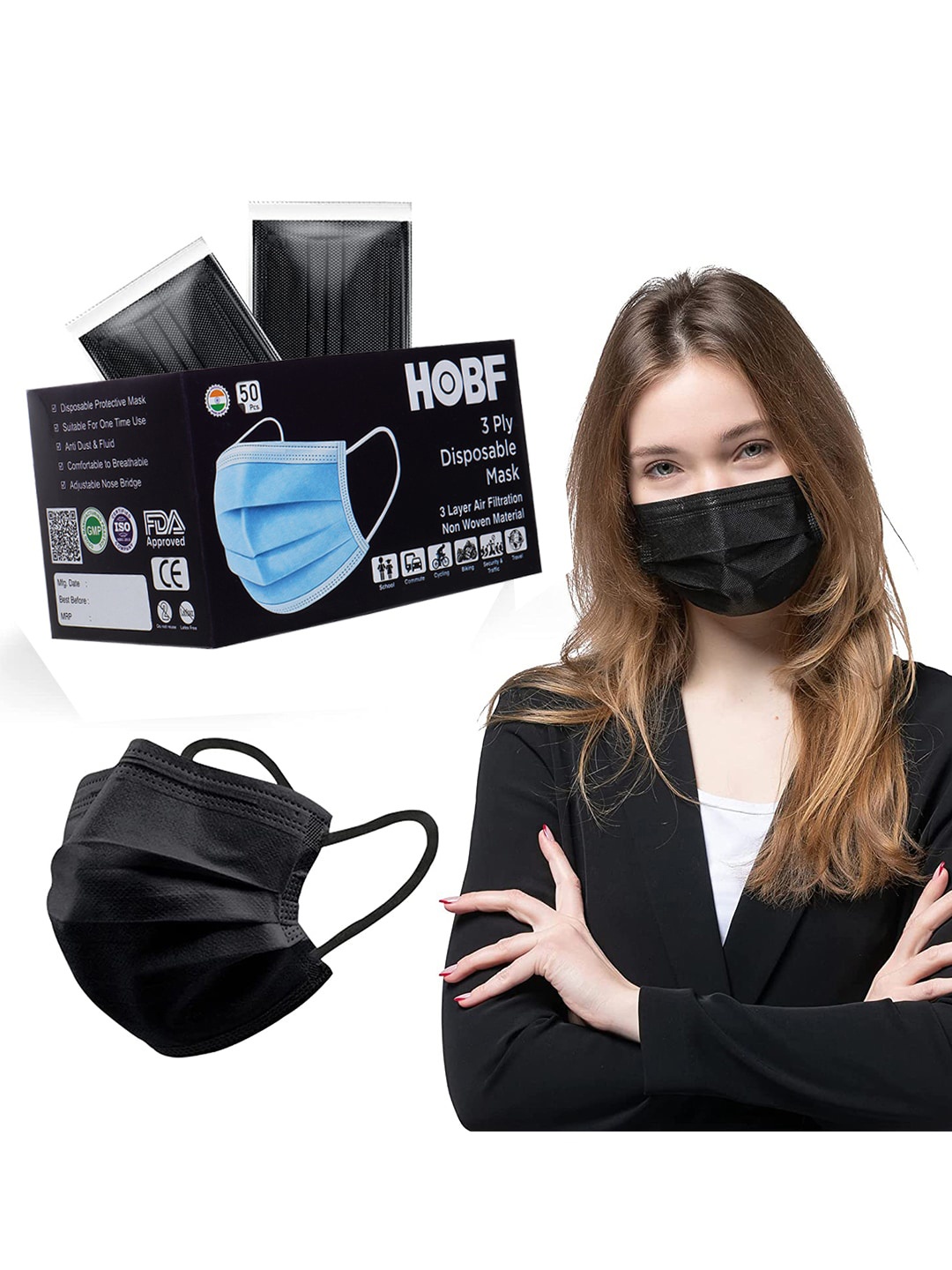 

LONDON FASHION hob Pack Of 100 3-Ply Surgical Face Mask With Nose-Pin, Black