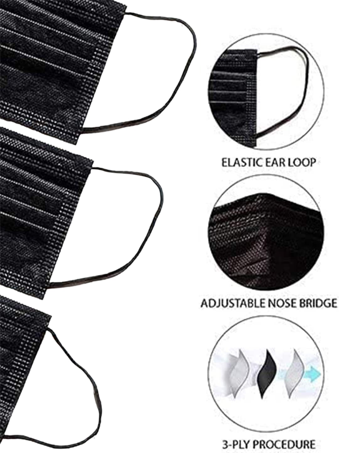 

LONDON FASHION hob Pack Of 100 3-Ply Surgical Face Mask With Nose-Pin, Black