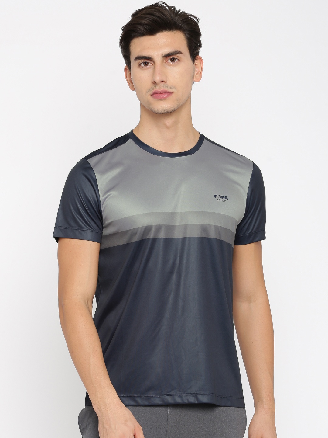 

U.S. Polo Assn. Men Navy Blue & Grey Active Colourblocked Round Neck T-shirt