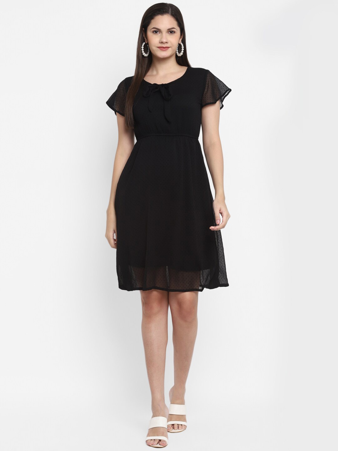 

LAMOURE BY RED CHIEF Self Design Tie-Up Neck Flutter Sleeves Fit & Flare Dress, Black