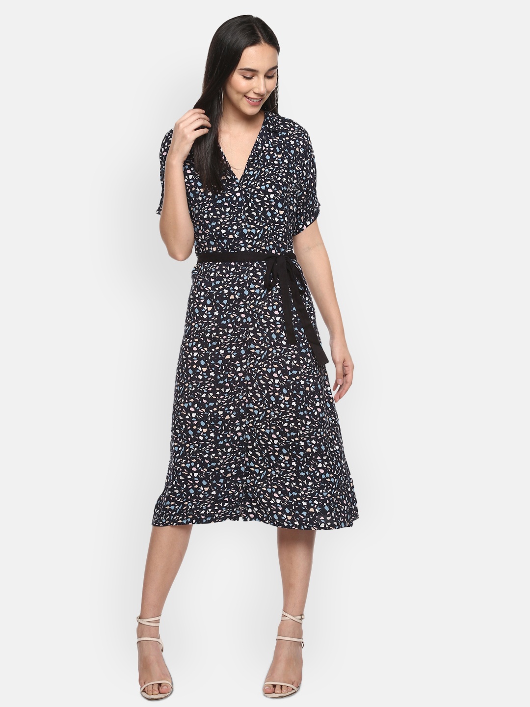 

LAMOURE BY RED CHIEF Geometric Printed Shirt Collar A-Line Midi Dress, Navy blue