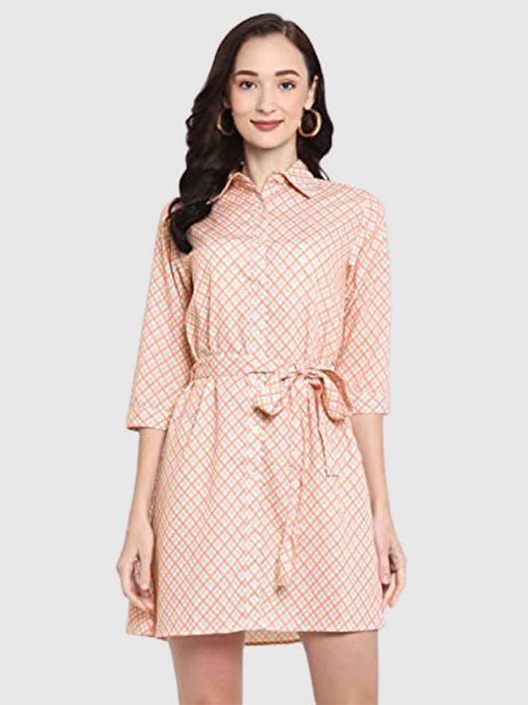 

LAMOURE BY RED CHIEF Shirt Collar Printed Shirt Dress, Cream