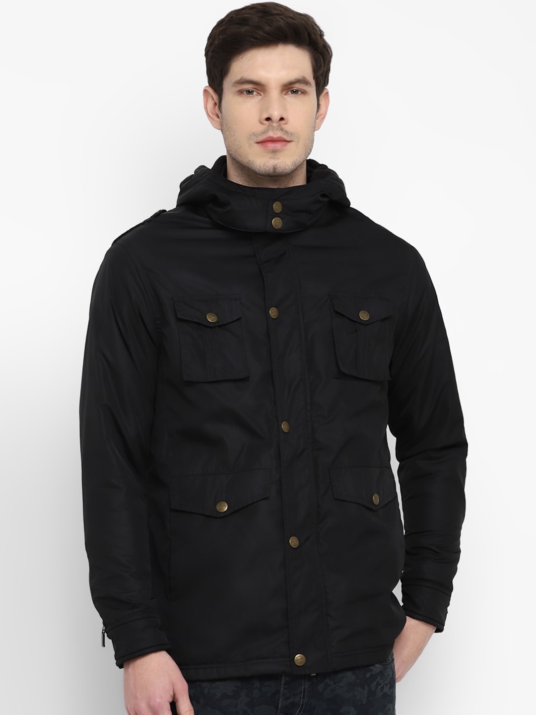 

Red Chief Men Solid Hooded Long Sleeves Tailored Jacket, Black