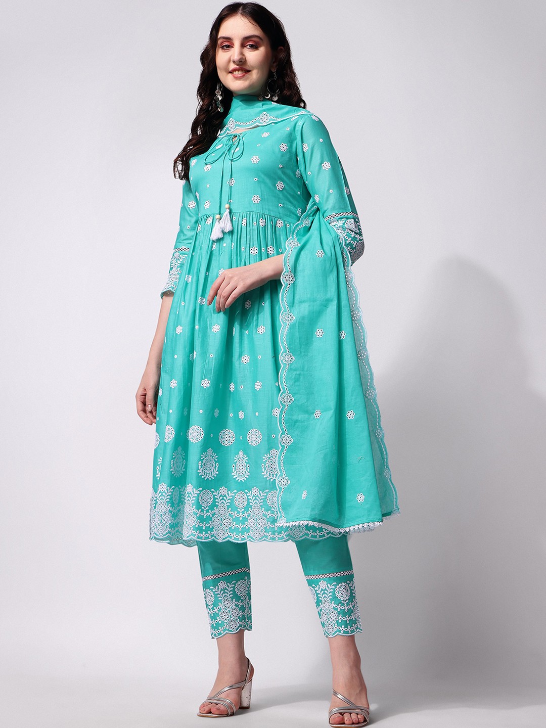 

Berrylicious Embroidered Chikankari Pure Cotton Kurta with Trousers & Dupatta, Blue