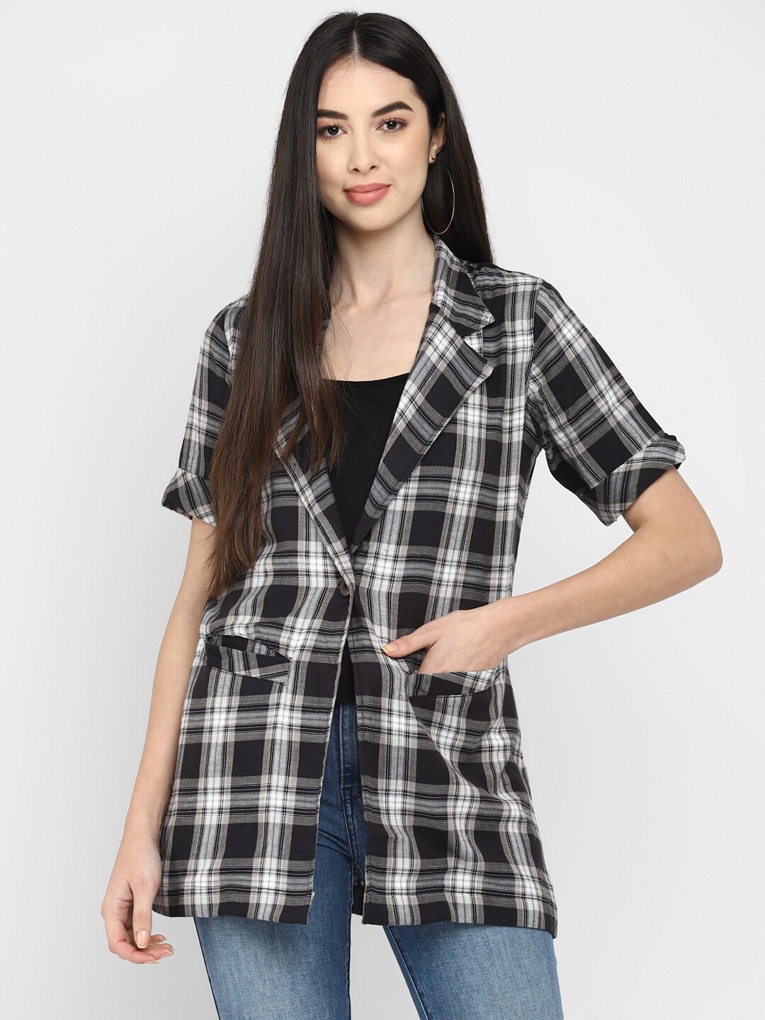

LAMOURE BY RED CHIEF Women Checked Button Shrug, Black