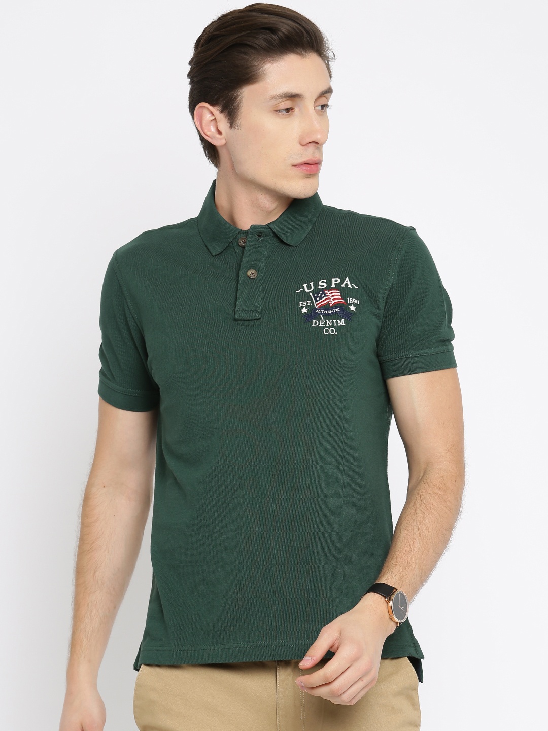 

U.S. Polo Assn. Men Green Solid Polo Collar T-shirt