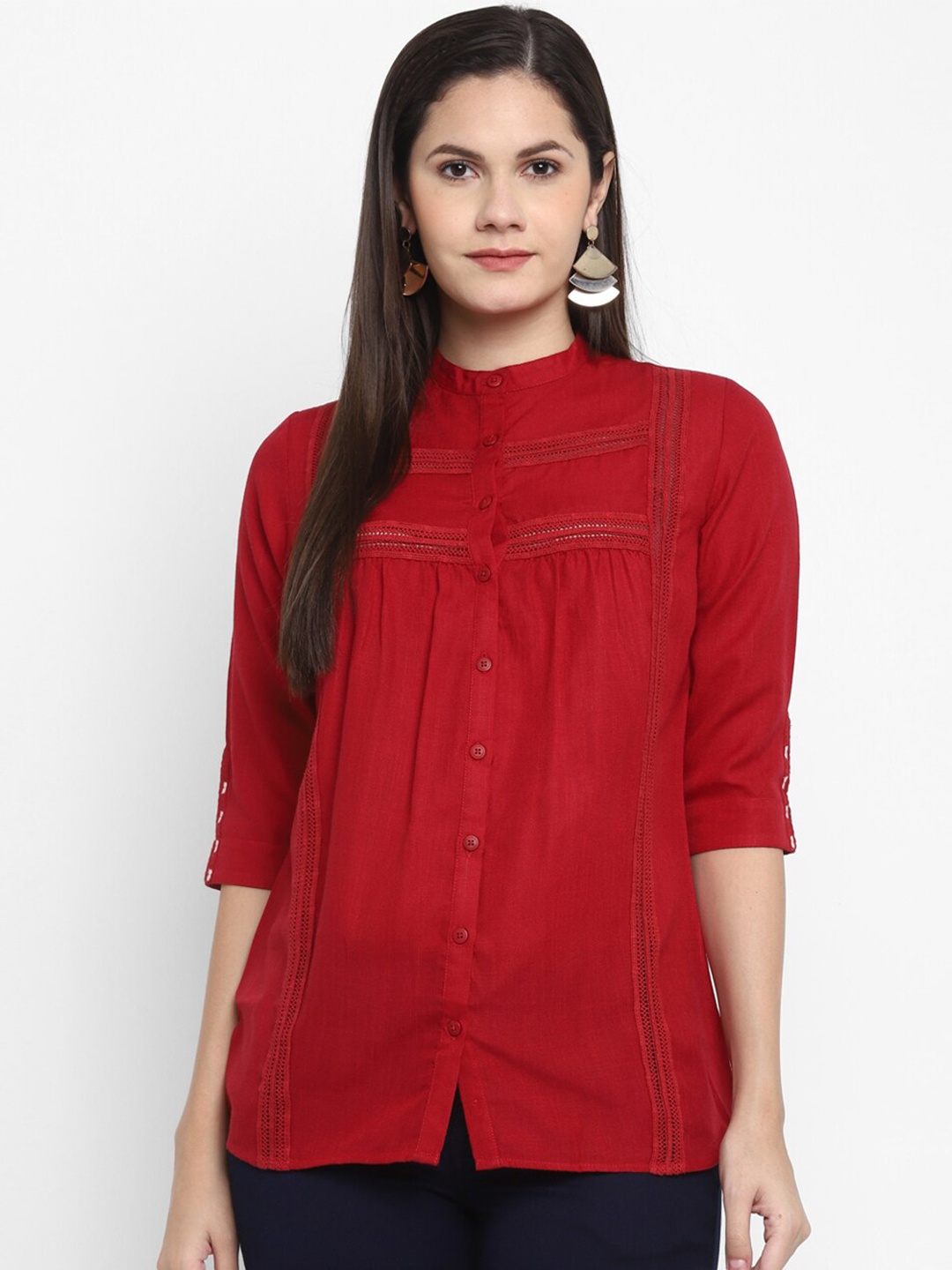 

LAMOURE BY RED CHIEF Band Collar Shirt Style Top, Maroon