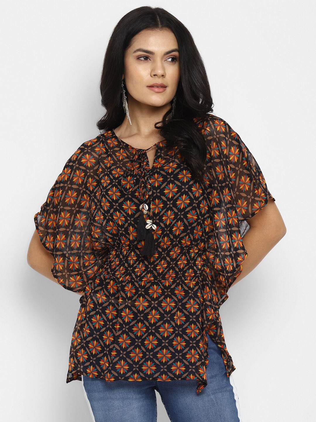 

LAMOURE BY RED CHIEF Printed Tie-Up Kaftan Top, Black