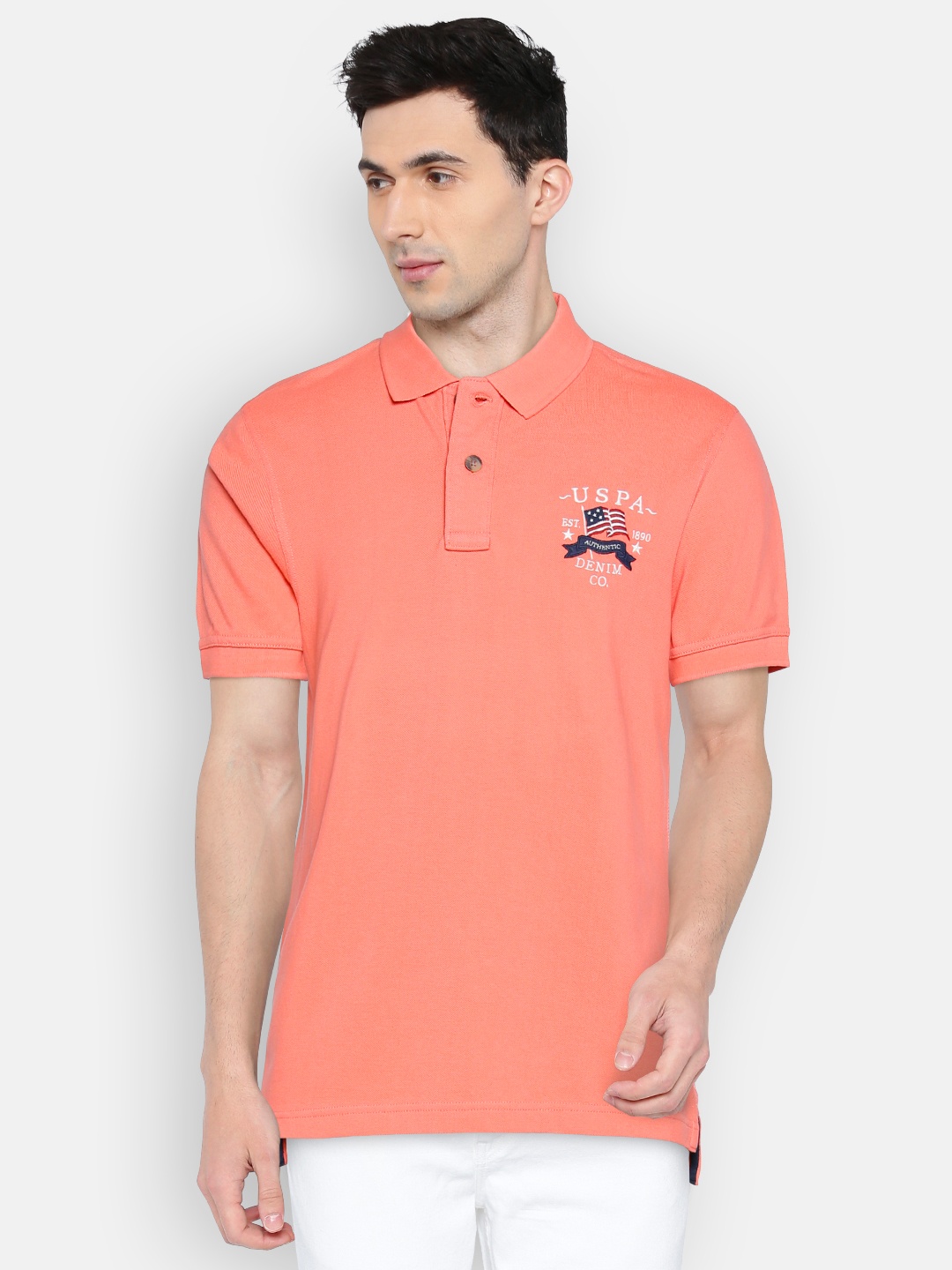 

U.S. Polo Assn. Men Coral Pink Solid Polo Collar T-shirt